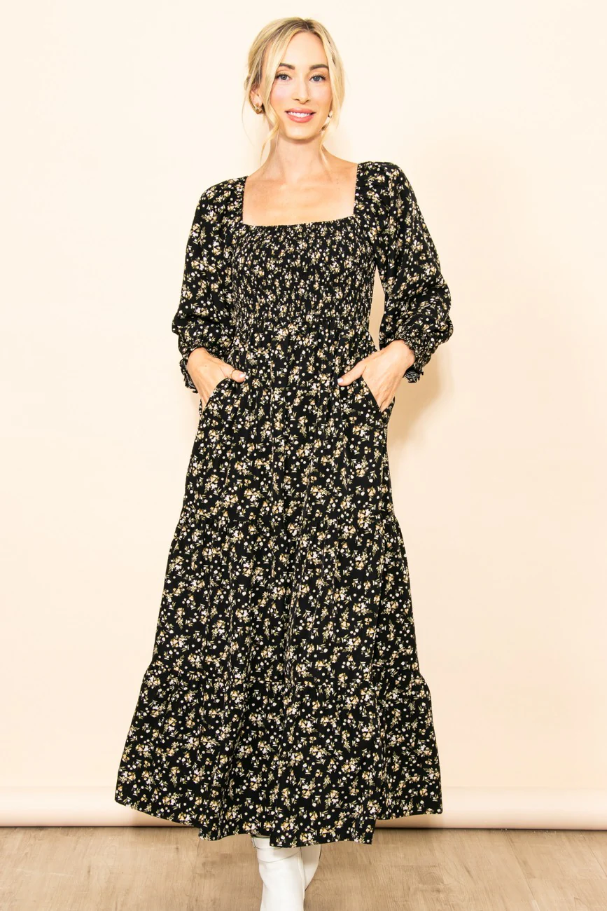Black Floral Smocked Long Sleeve Maternity Maxi Dress - Image 7