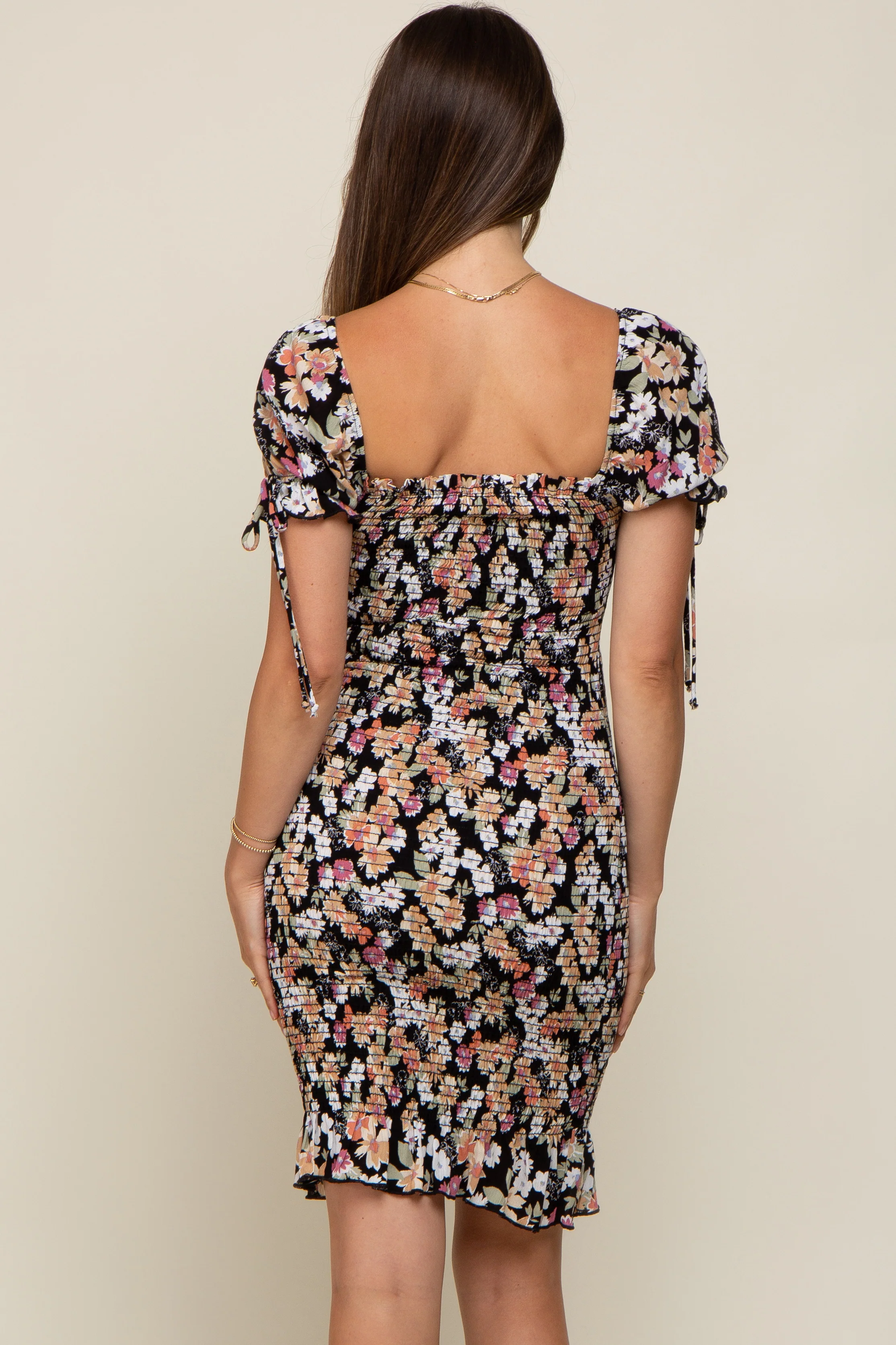Black Floral Smocked Puff Sleeve Maternity Dress - Image 4