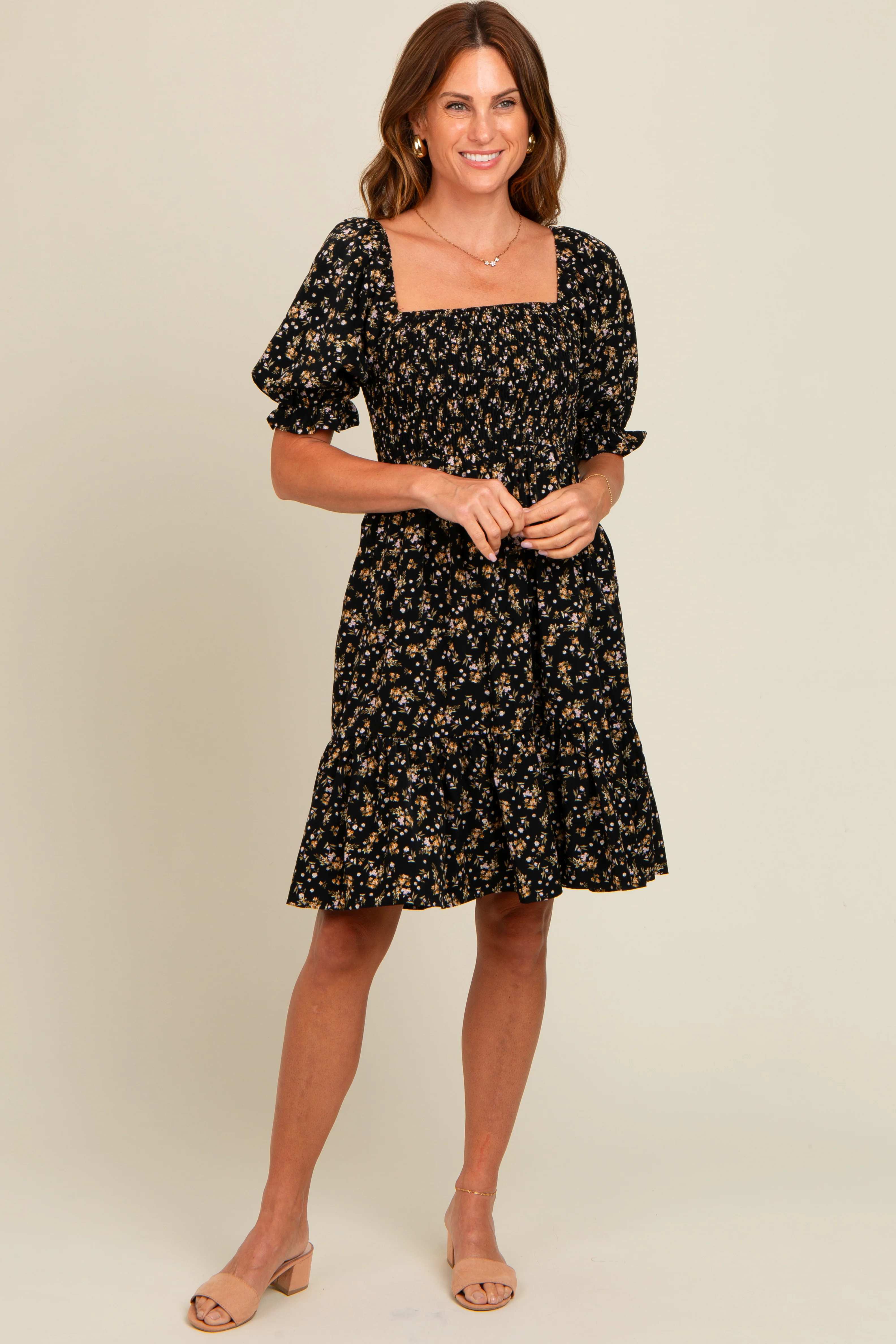 Black Floral Smocked Puff Sleeve Maternity Dress - Image 4