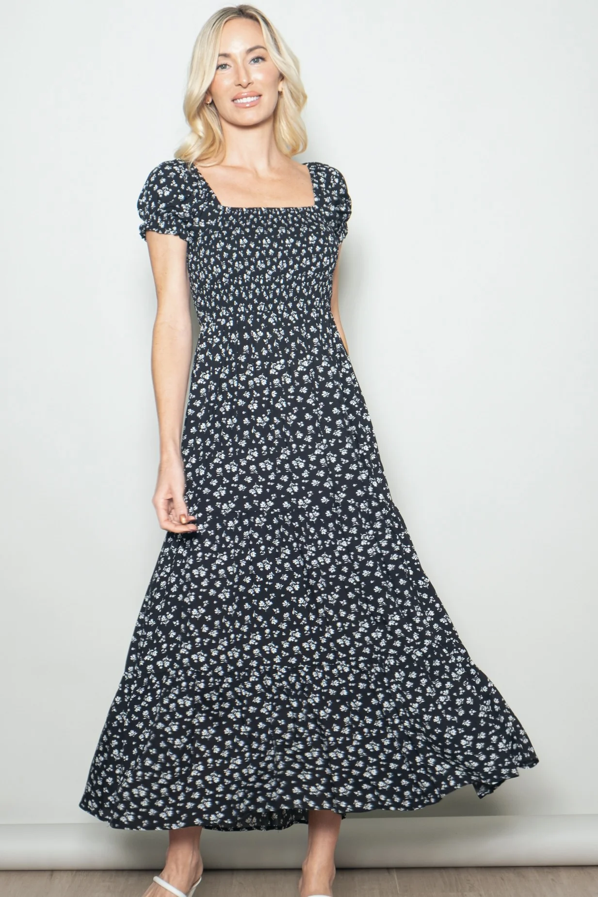Black Floral Smocked Puff Sleeve Maternity Maxi Dress - Image 4