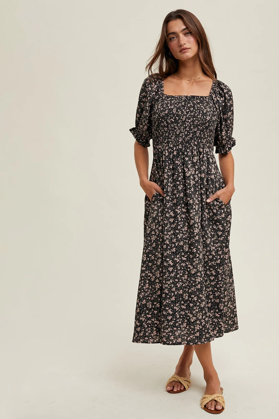 Black Floral Smocked Puff Sleeve Maternity Midi Dress - Image 3