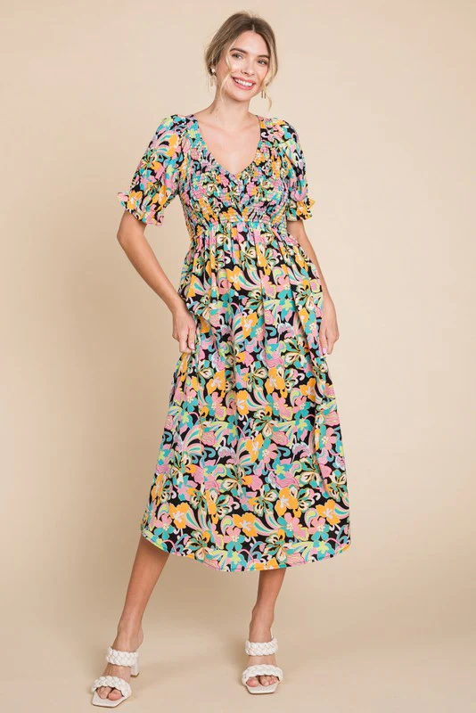 Black Floral Smocked Ruffle Short Sleeve Maternity Midi Dress - Image 4