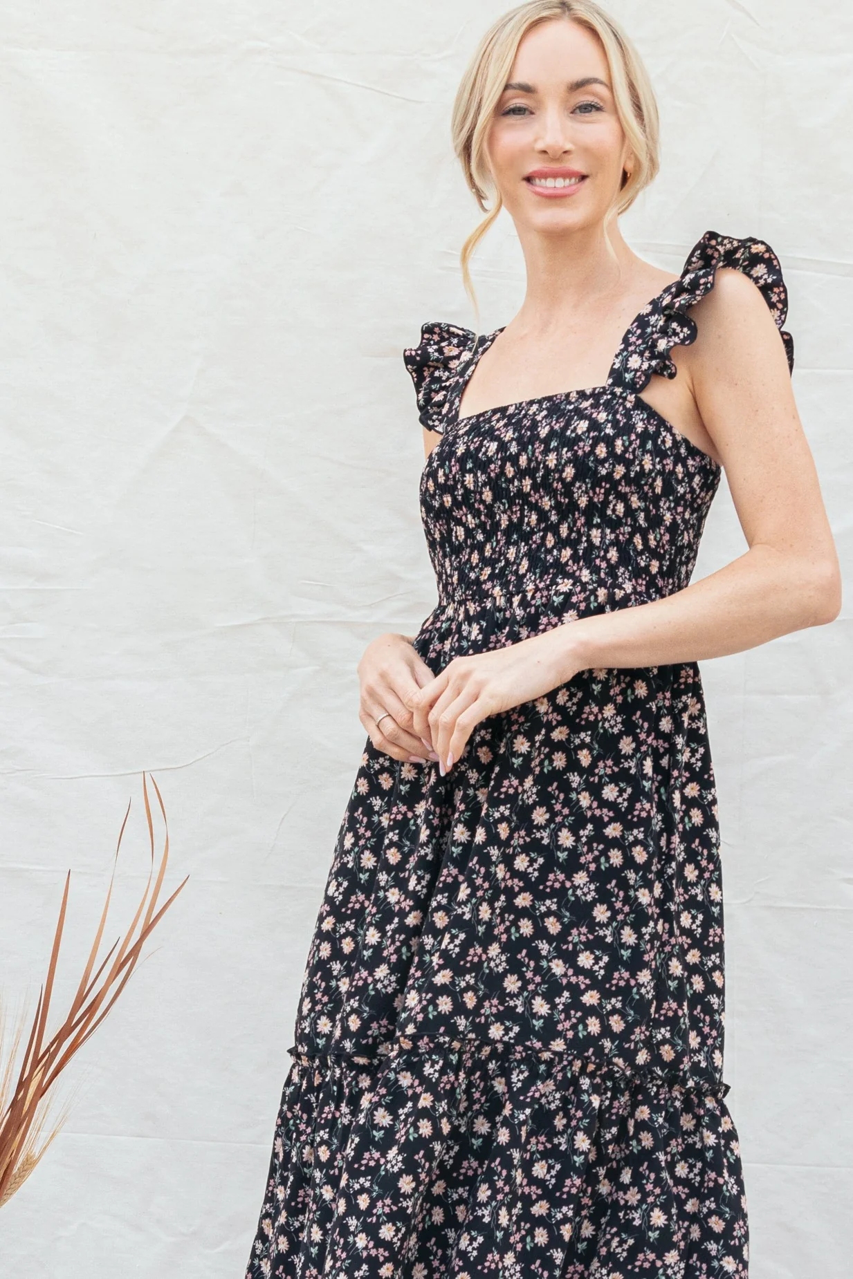 Black Floral Smocked Ruffle Strap Midi Dress - Image 3