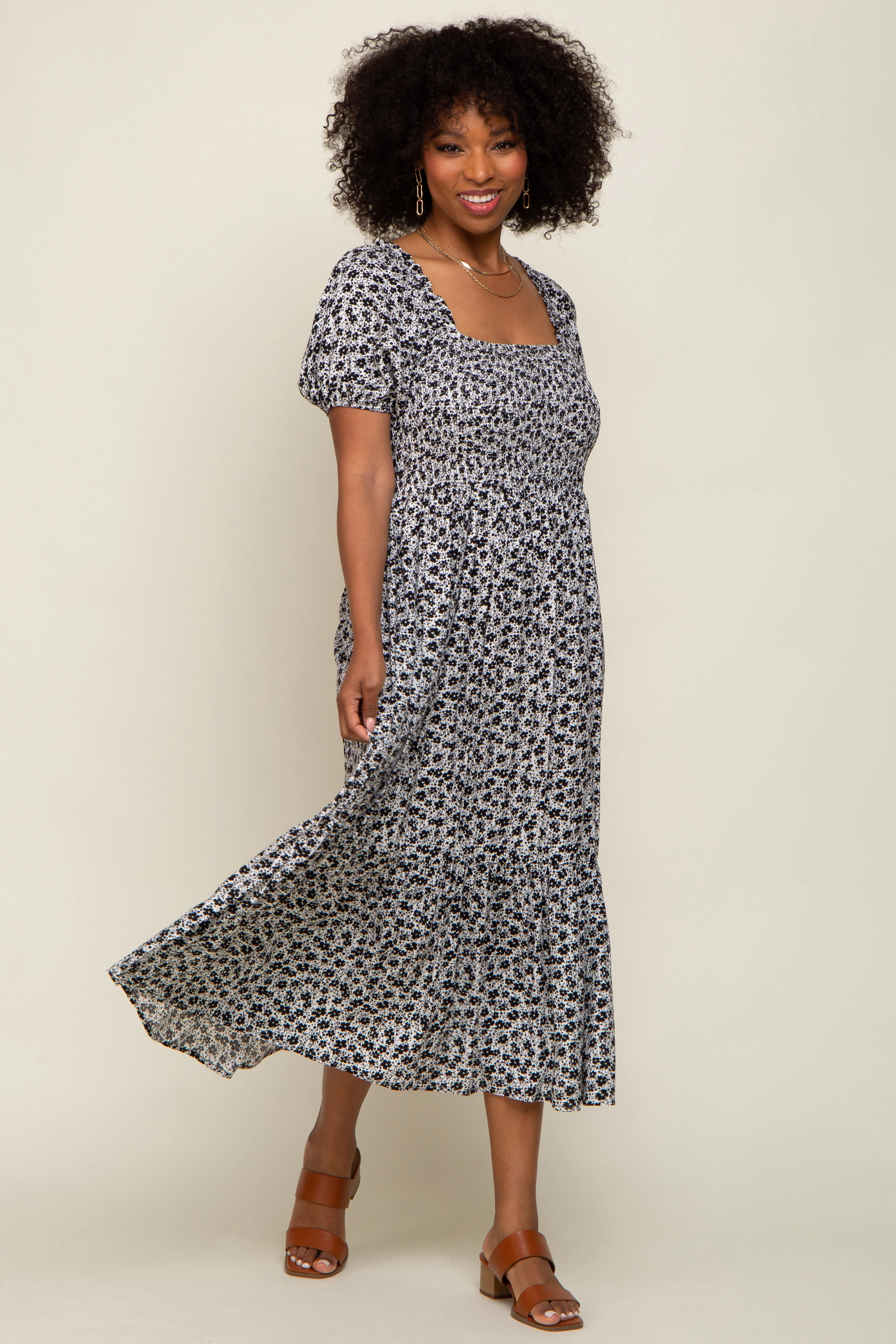 Black Floral Smocked Short Sleeve Maternity Midi Dress - Image 5