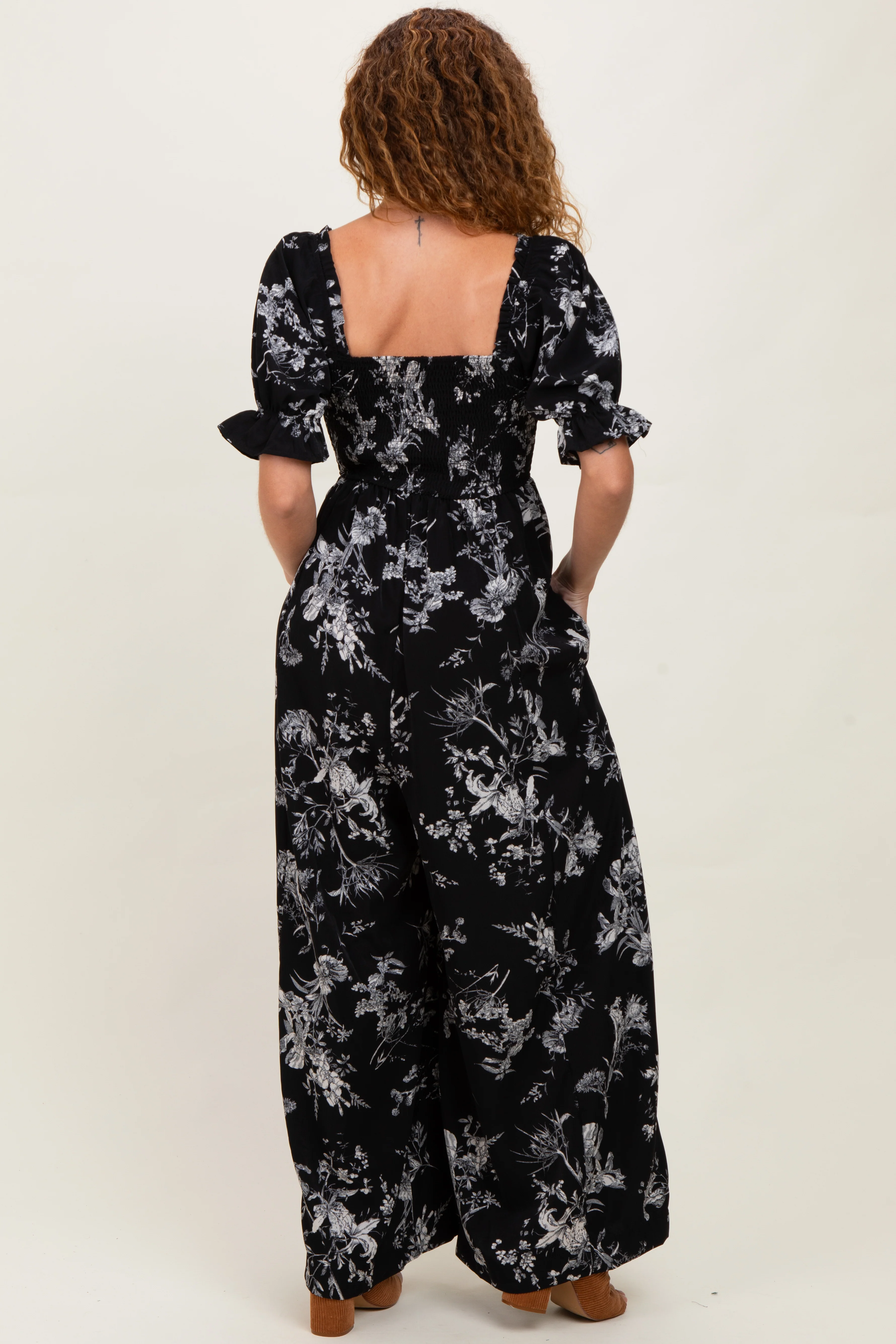 Black Floral Smocked Square Neck Wide Leg Jumpsuit - Image 4