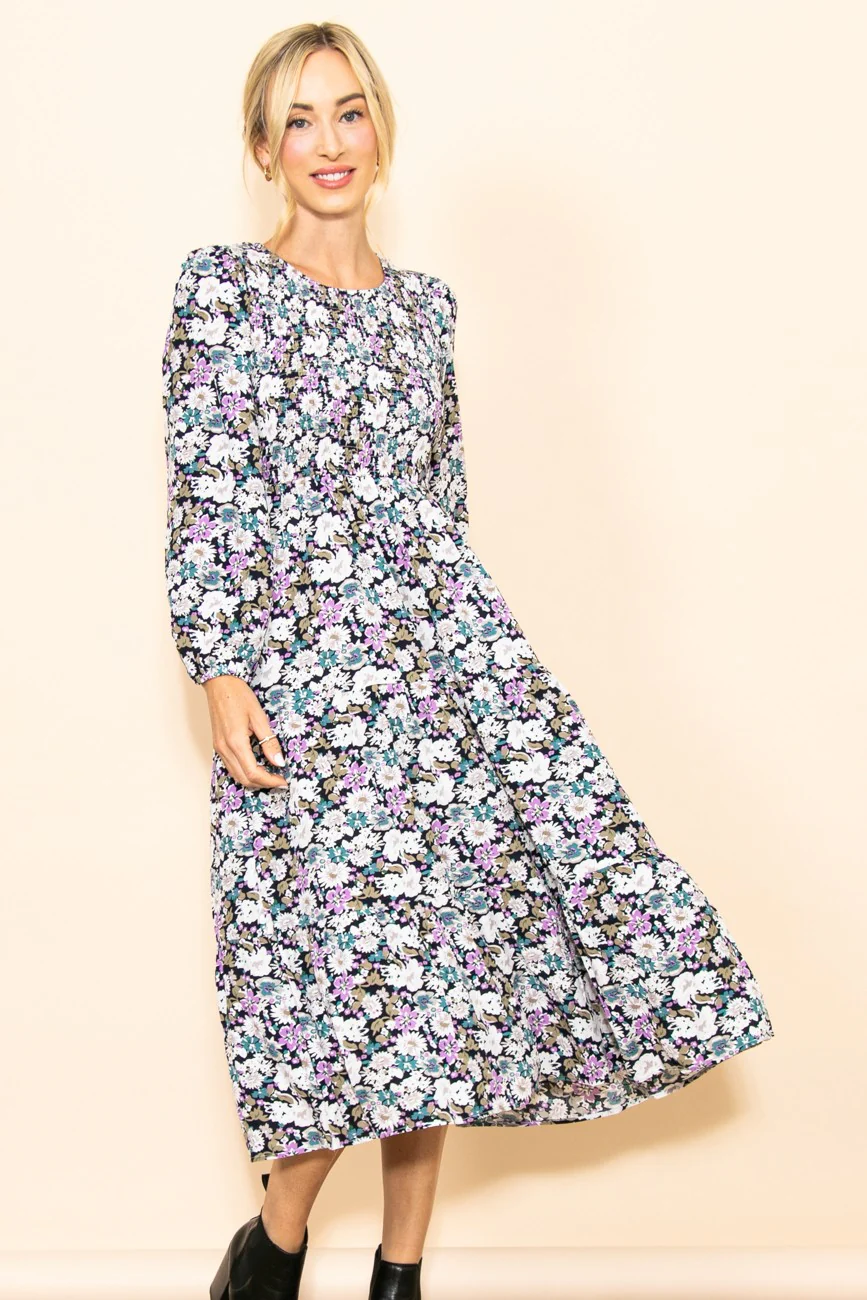 Black Floral Smocked Tiered Maternity Midi Dress - Image 7