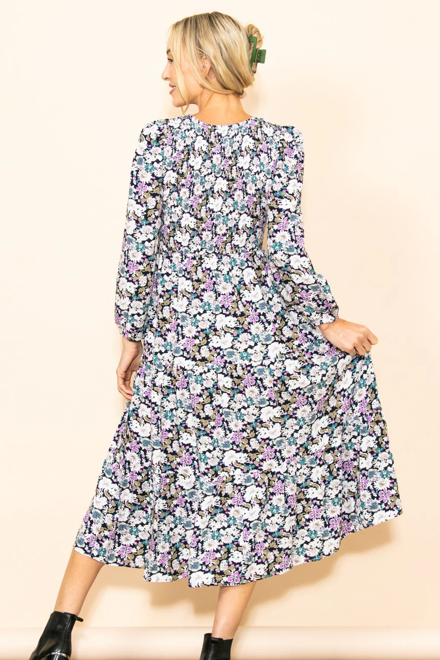 Black Floral Smocked Tiered Midi Dress - Image 3