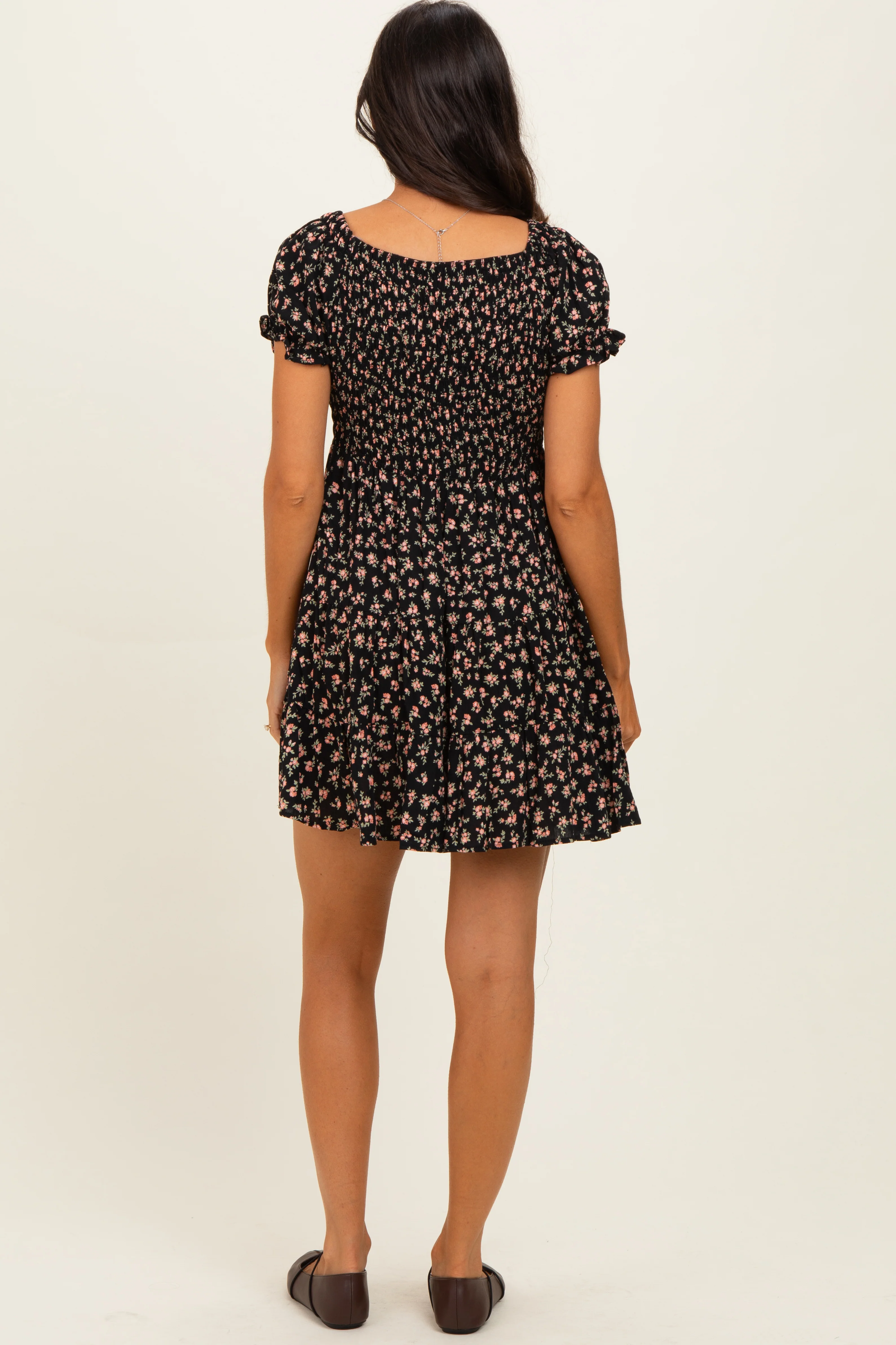 Black Floral Smocked V-Neck Puff Sleeve Dress - Image 4