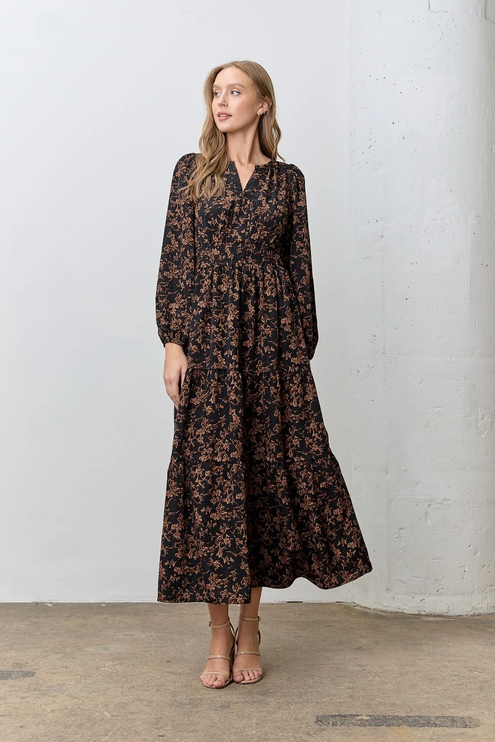 Black Floral Smocked Waist Long Sleeve Maternity Midi Dress - Image 4