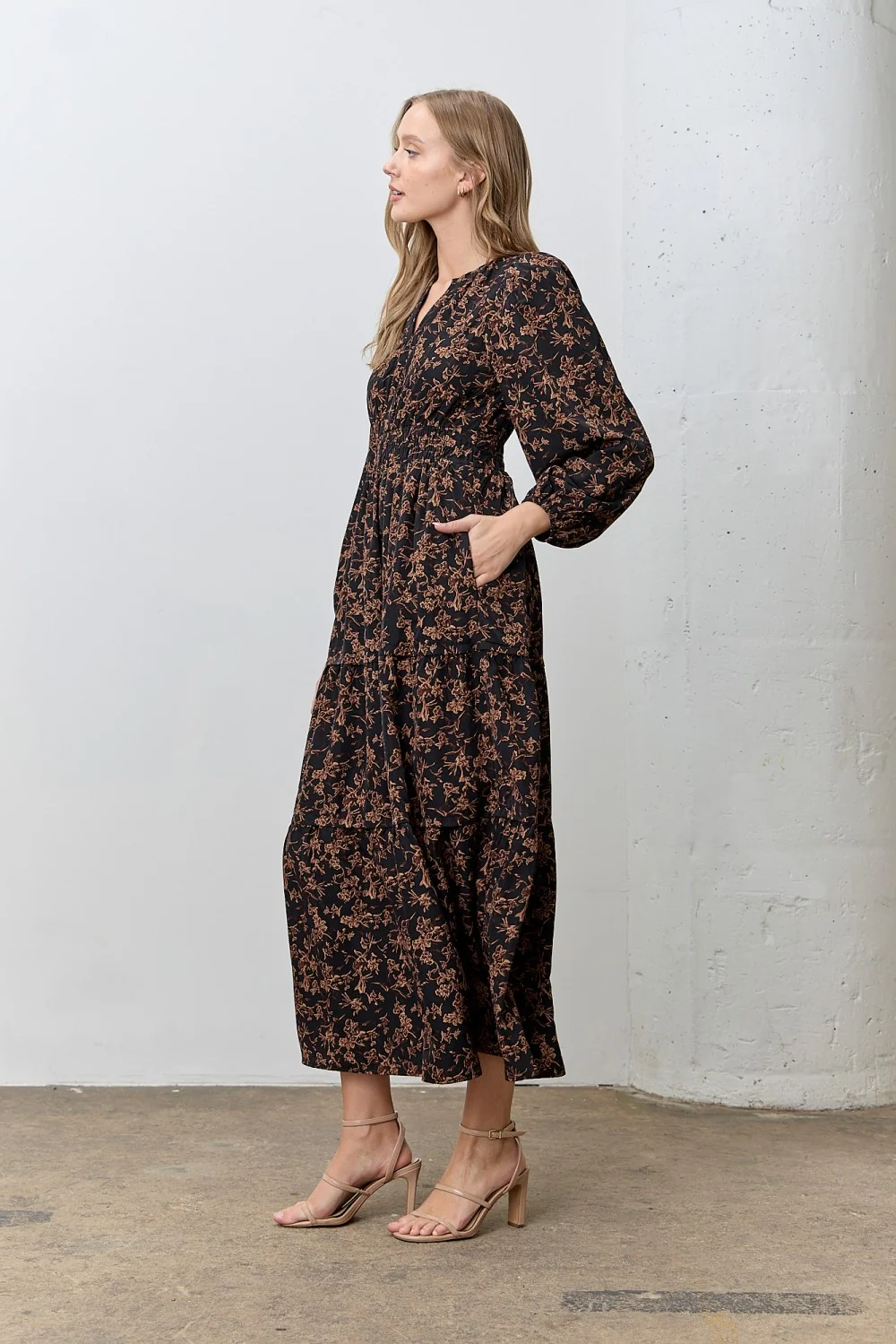 Black Floral Smocked Waist Long Sleeve Midi Dress - Image 2