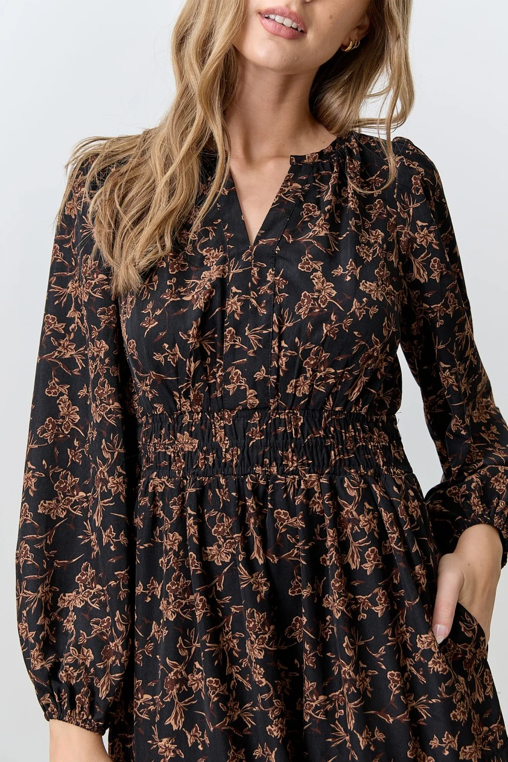 Black Floral Smocked Waist Long Sleeve Midi Dress - Image 4