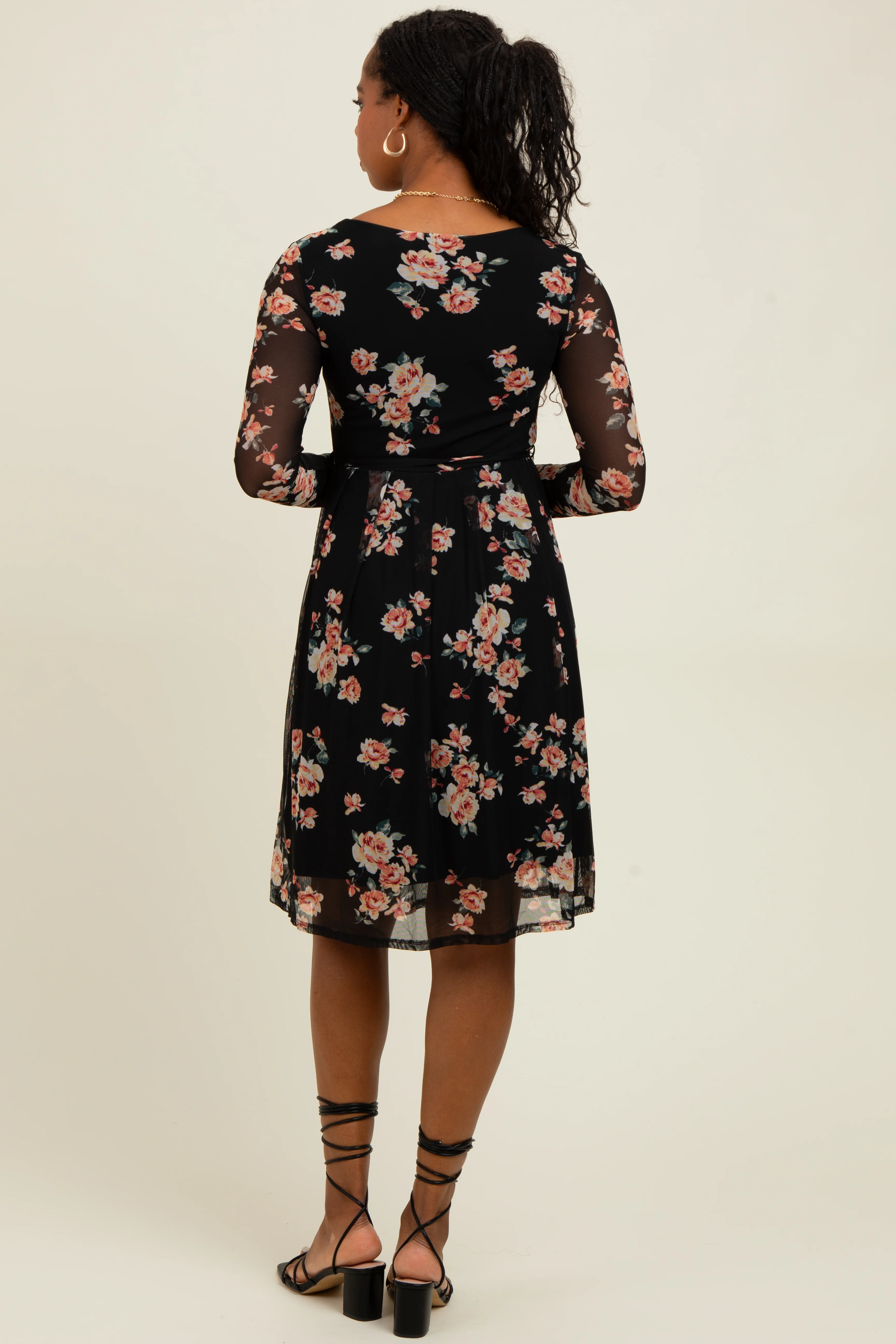 Black Floral Square Neck Long Sleeve Dress - Image 3