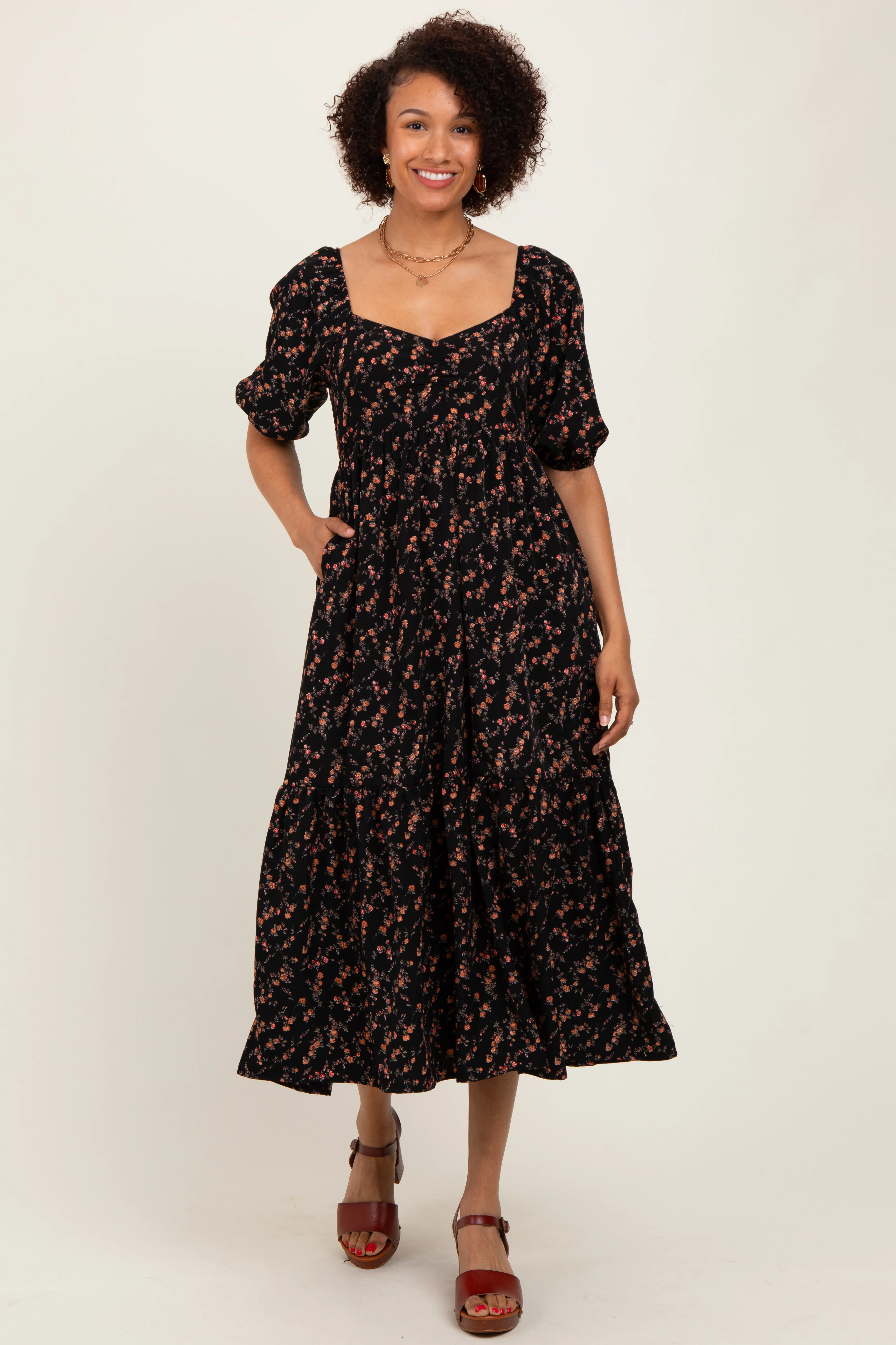 Black Floral Sweetheart Puff Sleeve Midi Dress - Image 2