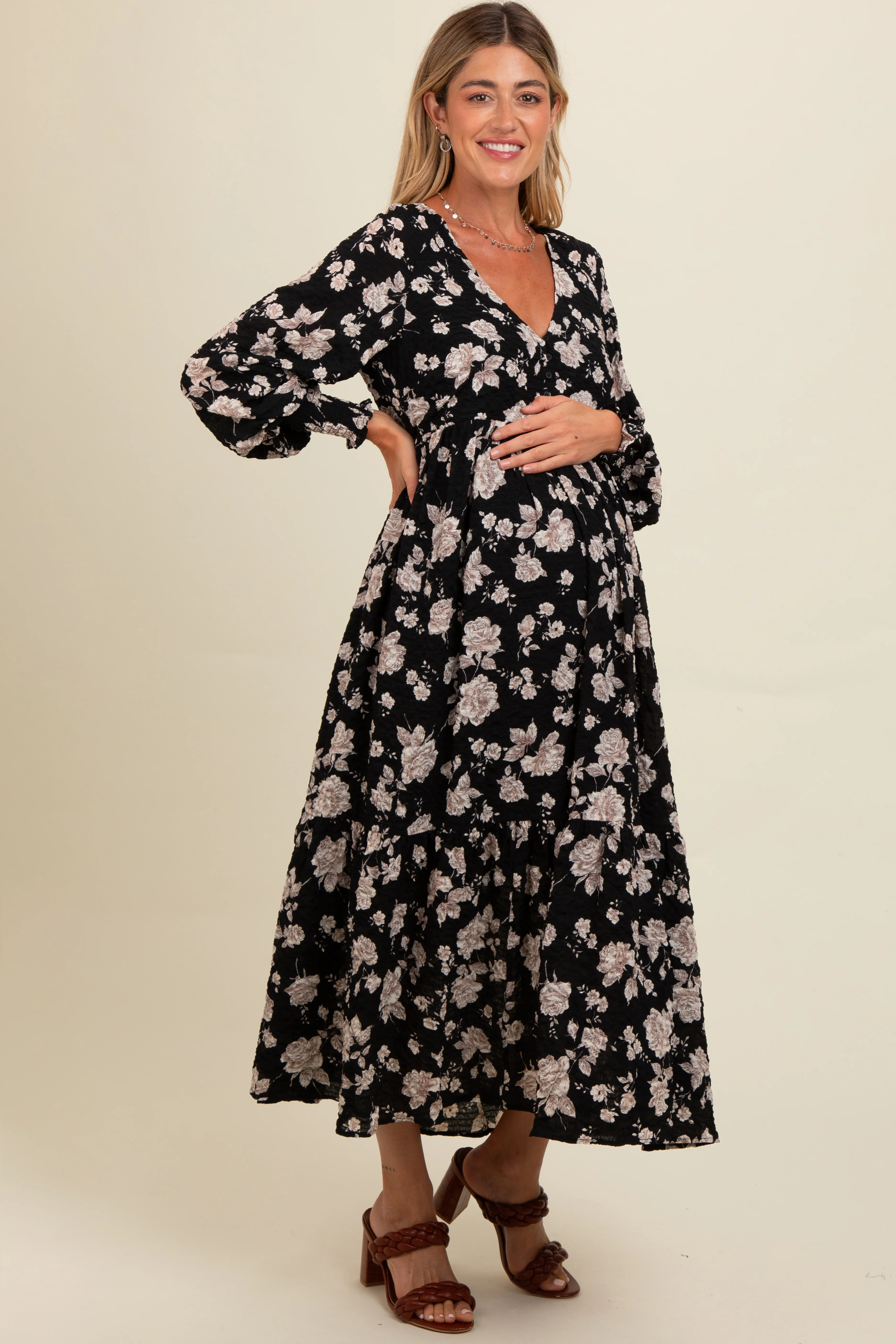 Black Floral Textured Bubble Sleeve Maternity Maxi Dress - Image 3