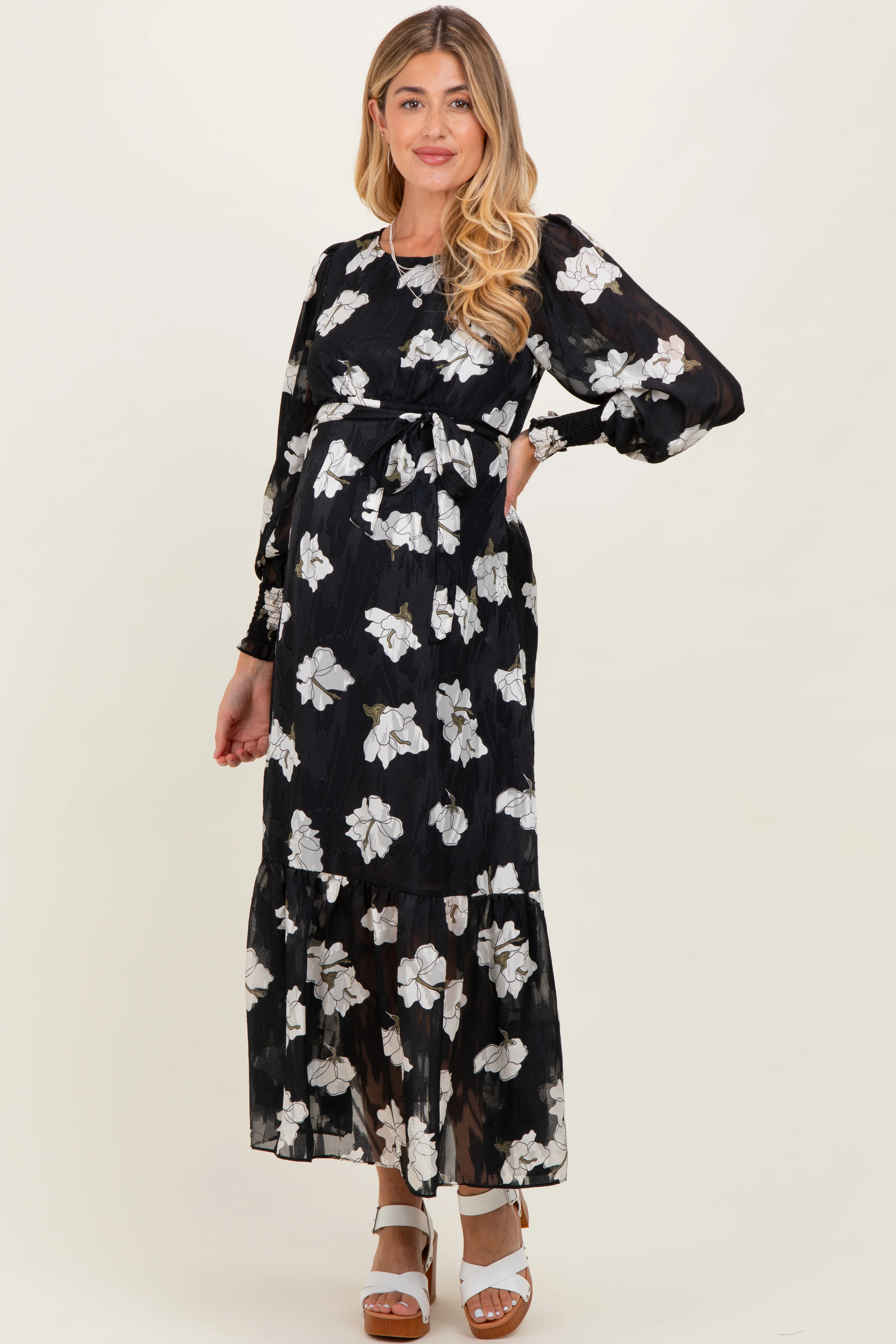 Black Floral Textured Bubble Sleeve Maternity Midi Dress - Image 3