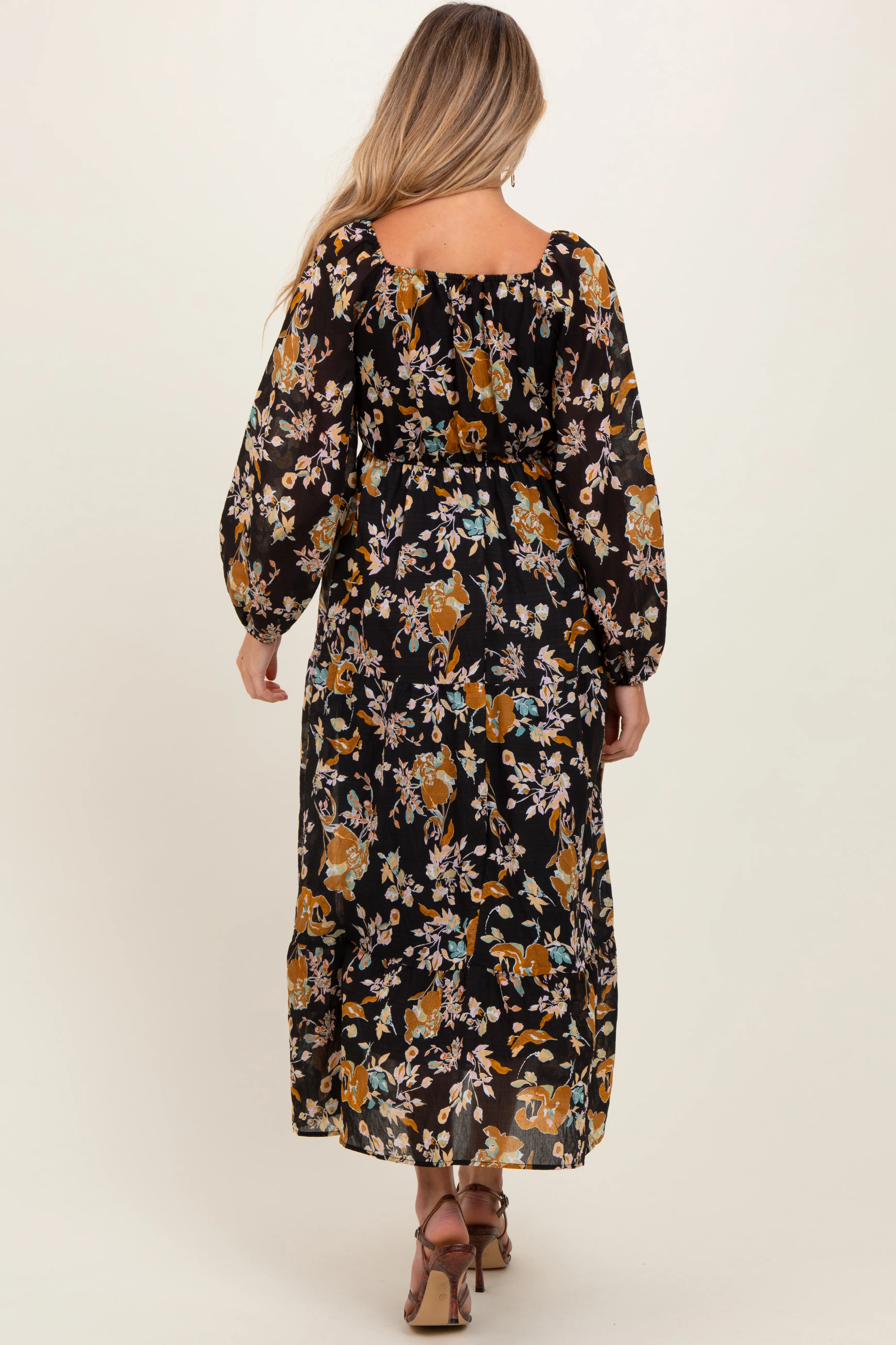 Black Floral V-Neck Long Sleeve Maternity Midi Dress - Image 4
