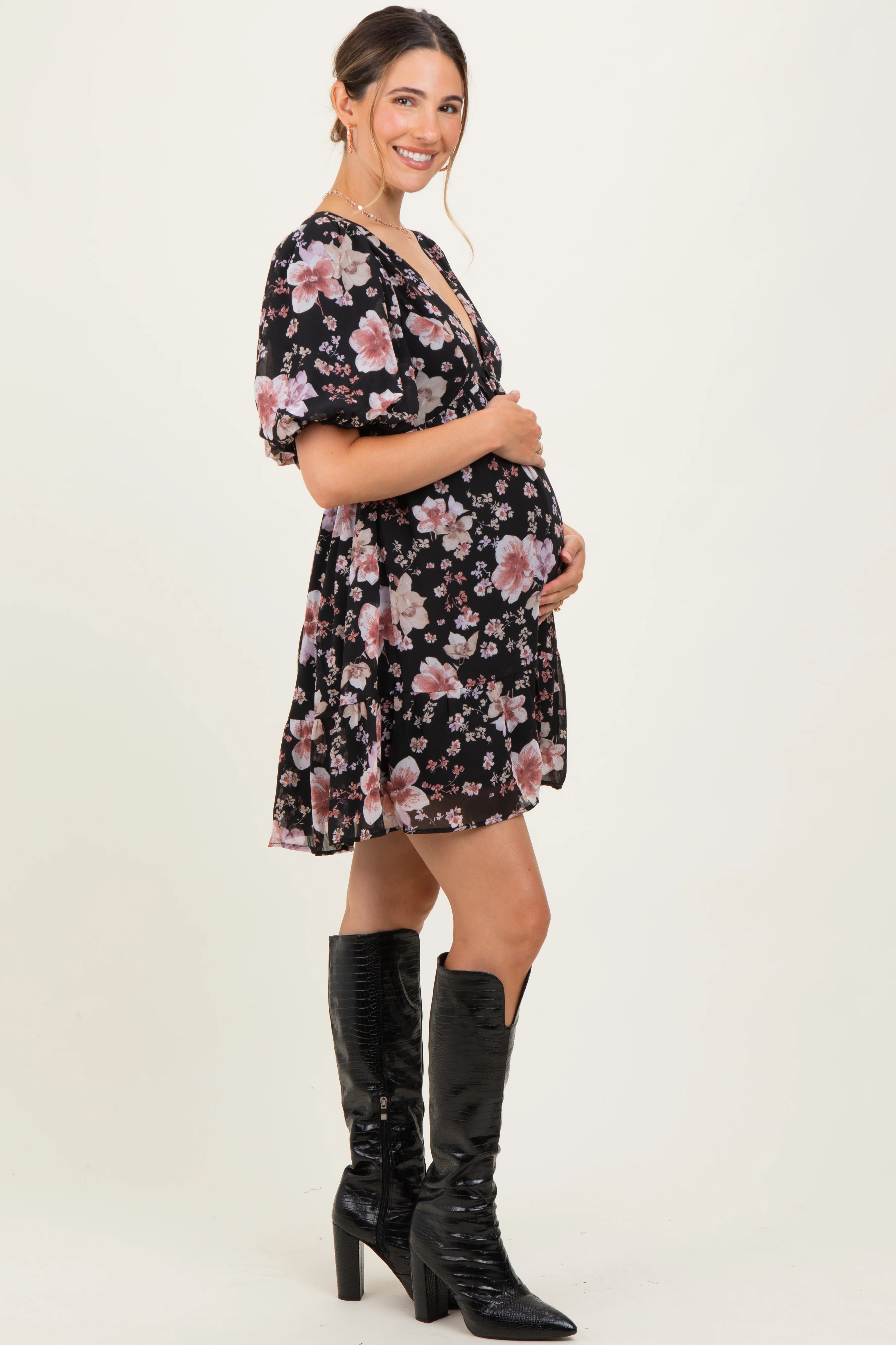 Black Floral V-Neck Puffed Sleeve Maternity Mini Dress - Image 3