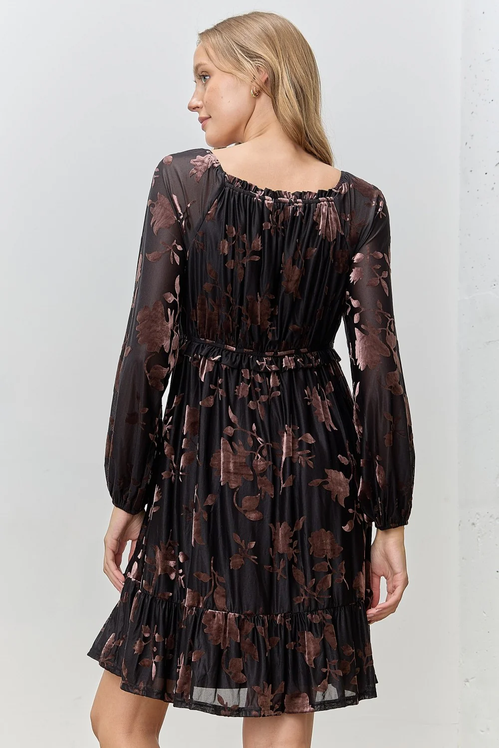 Black Floral Velvet Ruffle Accent Dress - Image 4