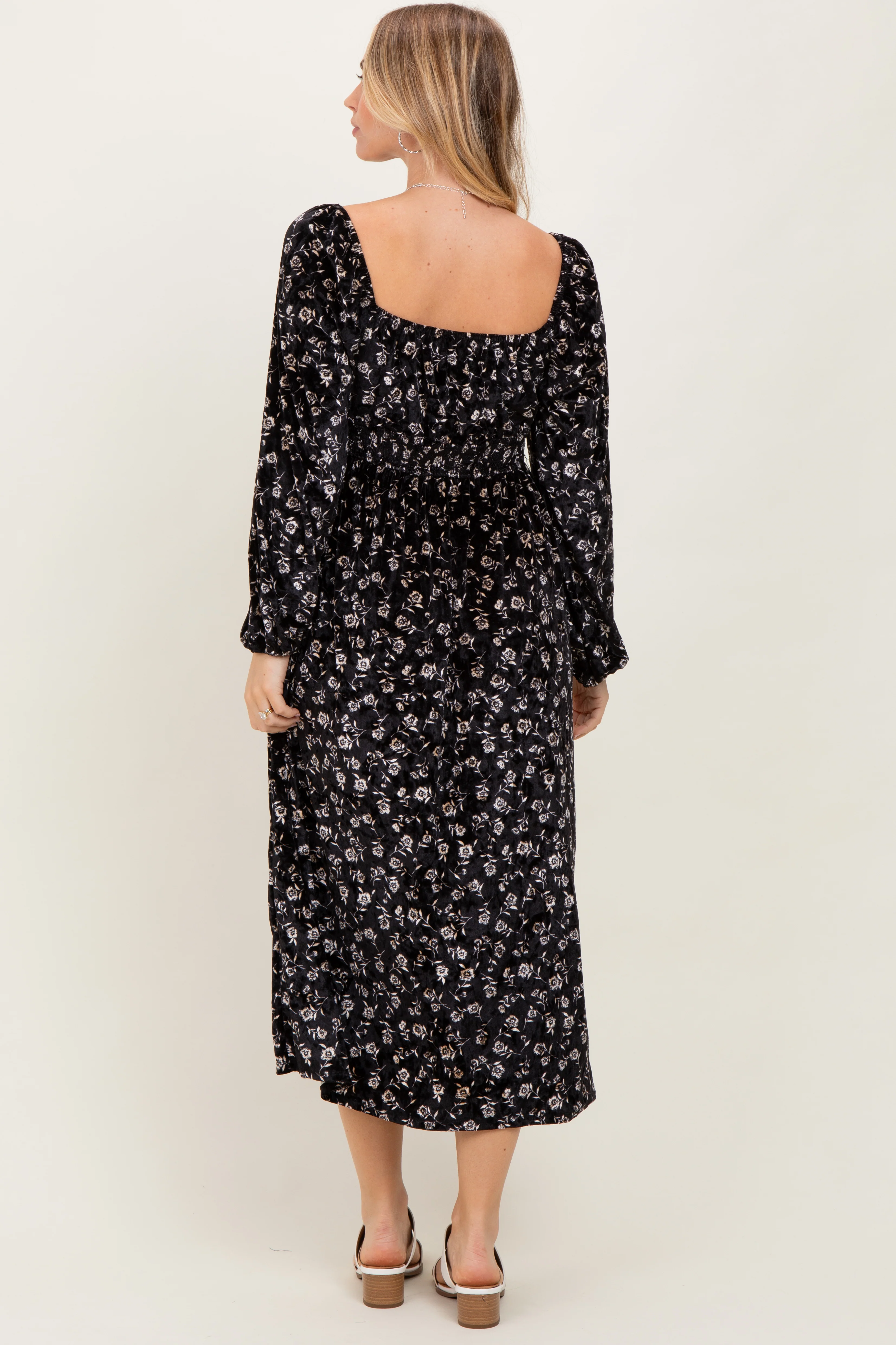 Black Floral Velvet Smocked Midi Dress - Image 4