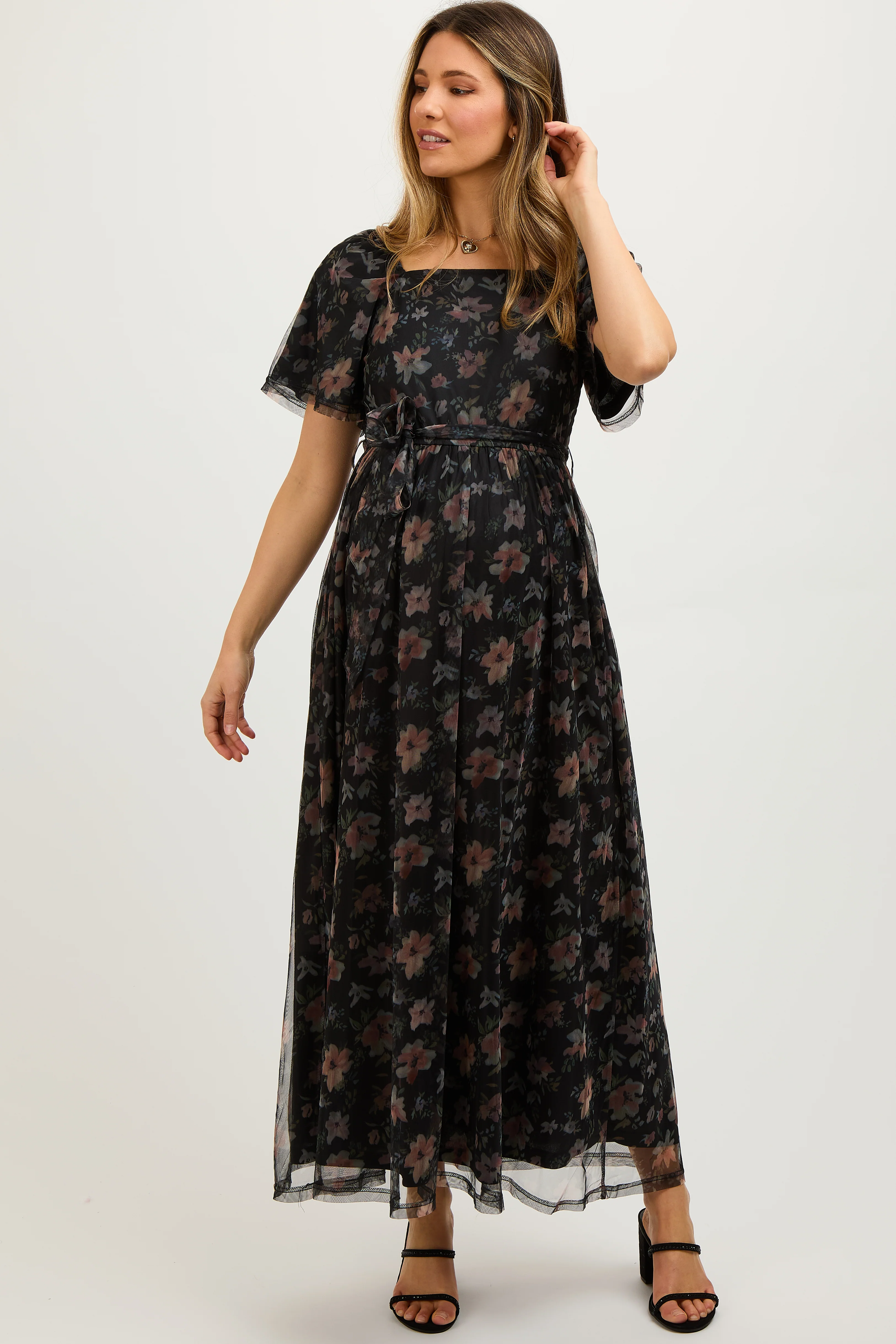 Black Floral Waist Tie Maternity Midi Dress - Image 2