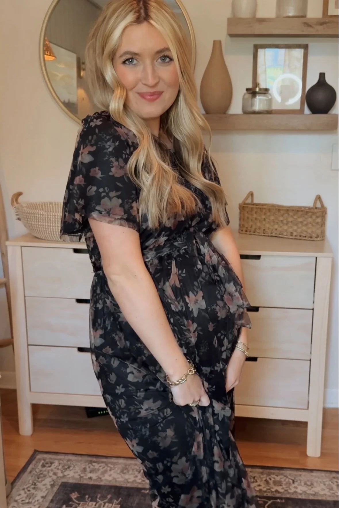 Black Floral Waist Tie Maternity Midi Dress - Image 5