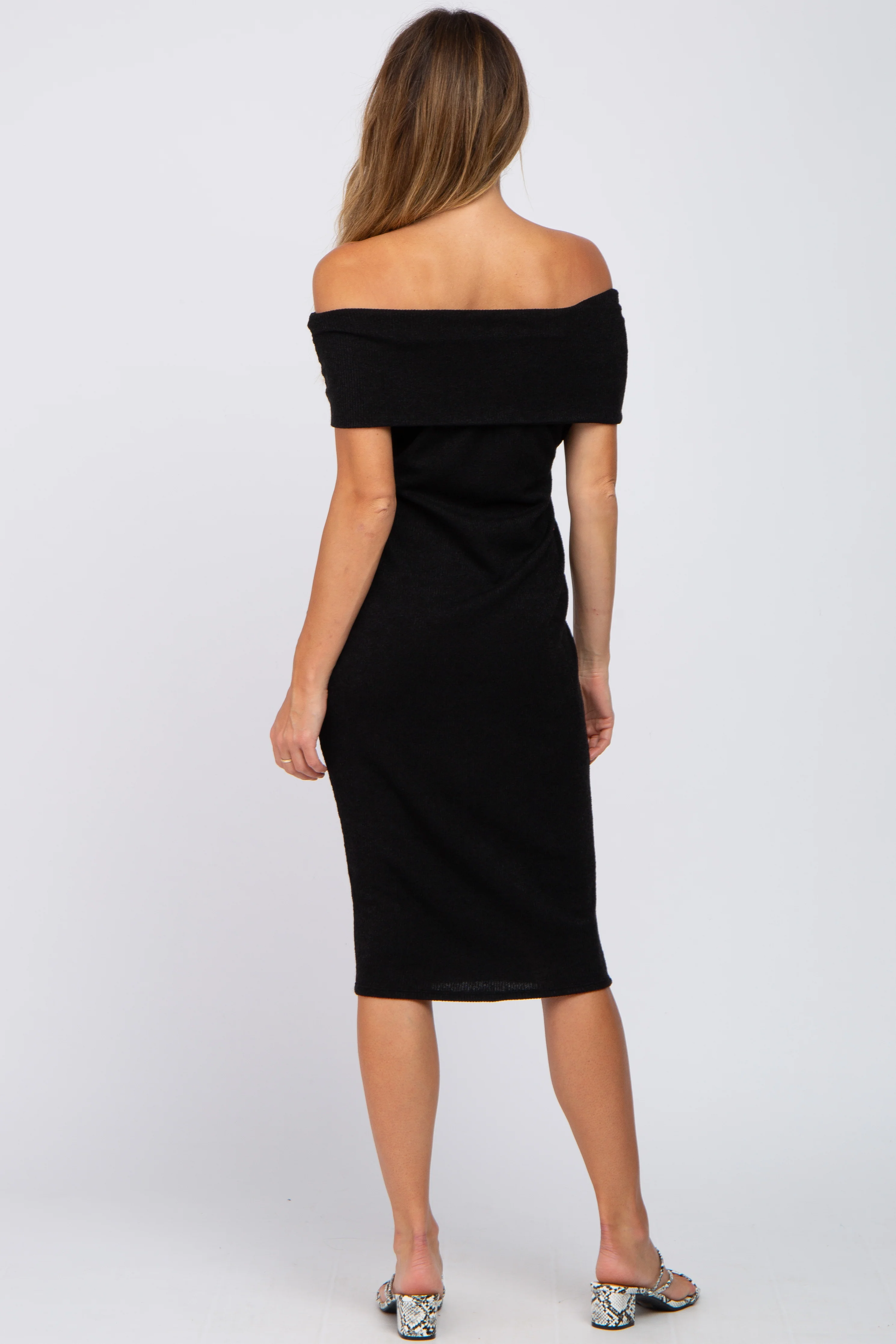 Black Folded Off Shoulder Waist Tie Midi Dress - Image 3