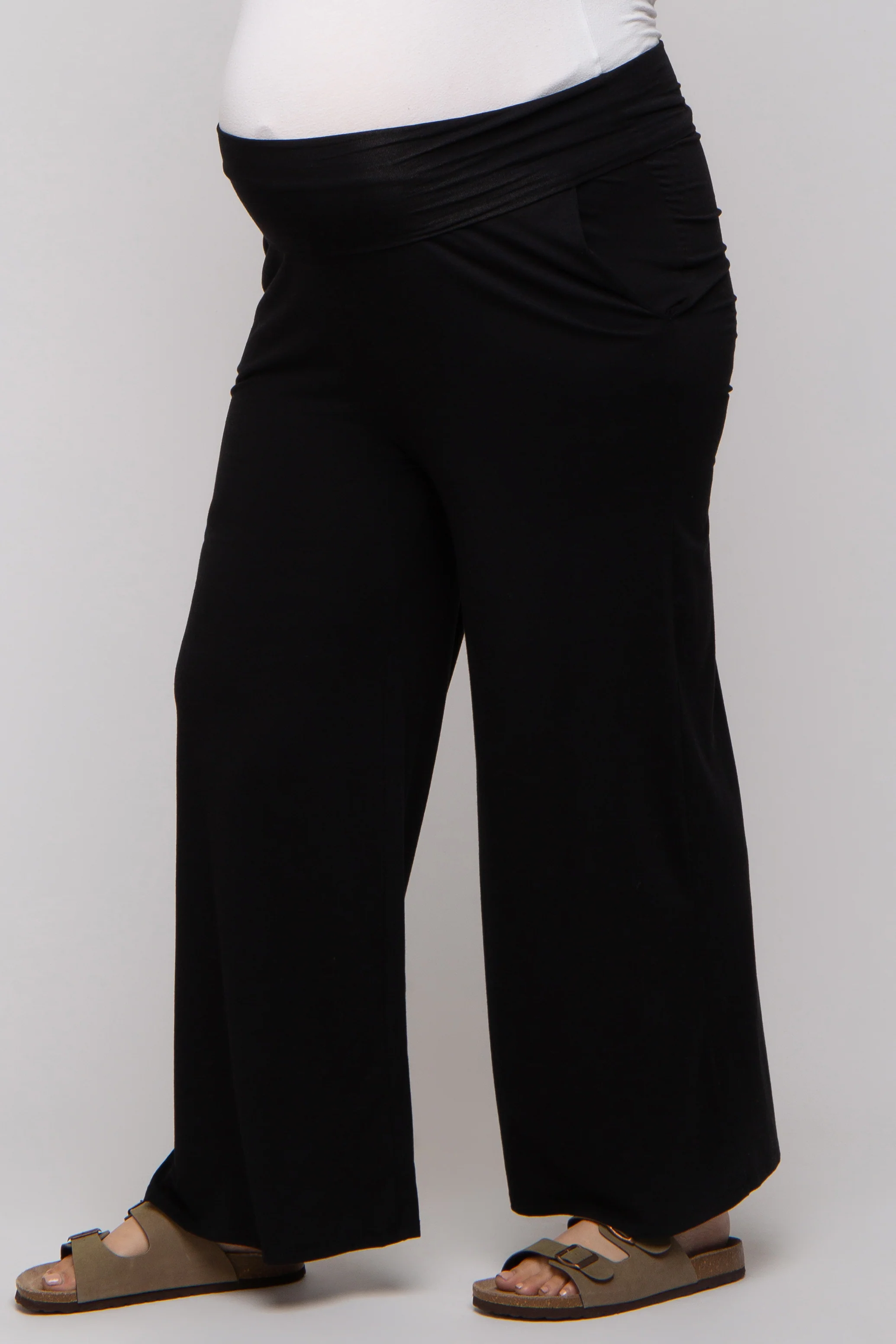 Black Foldover Band Wide Leg Maternity Plus Lounge Pants - Image 3
