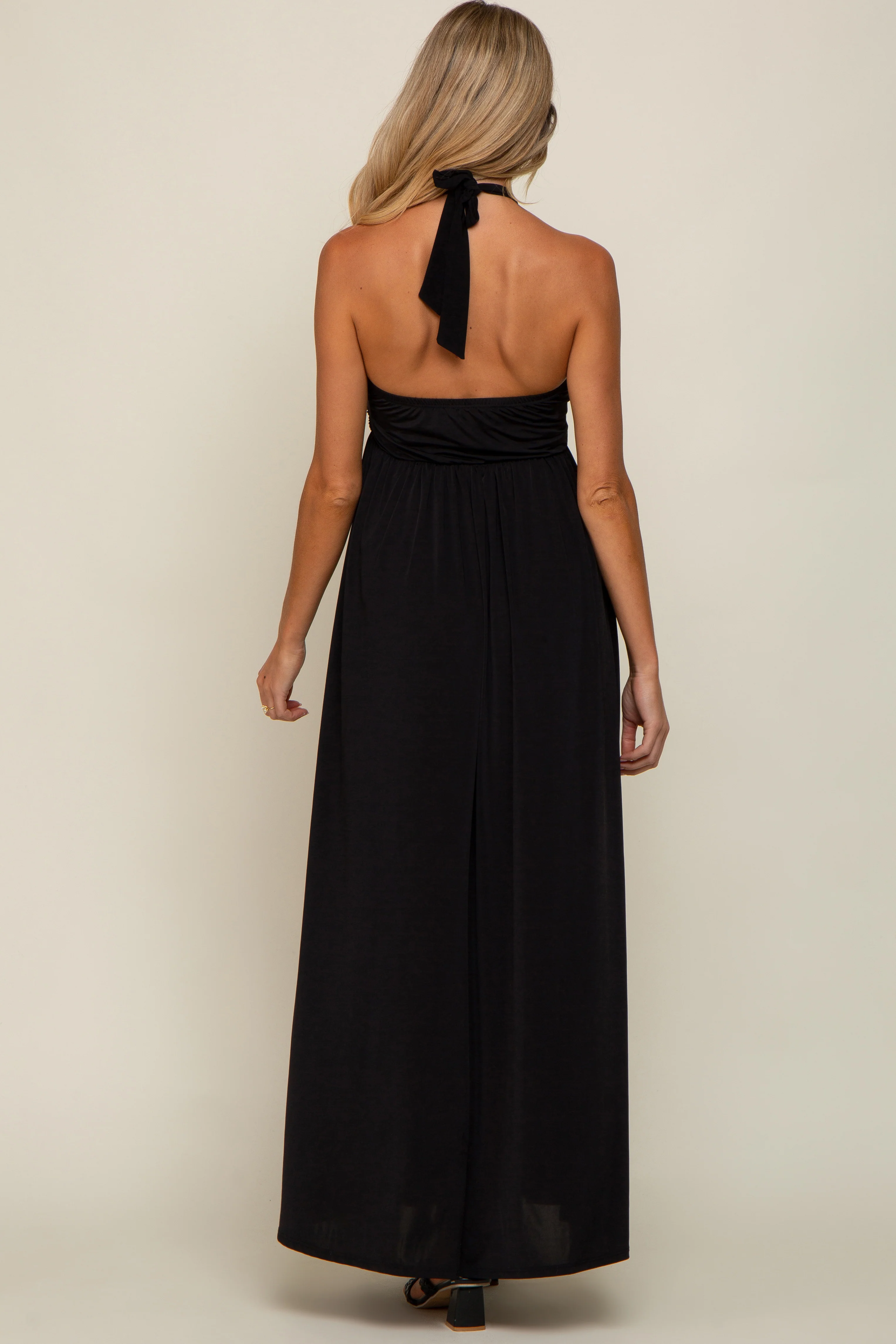 Black Front Knot Halter Maternity Maxi Dress - Image 3