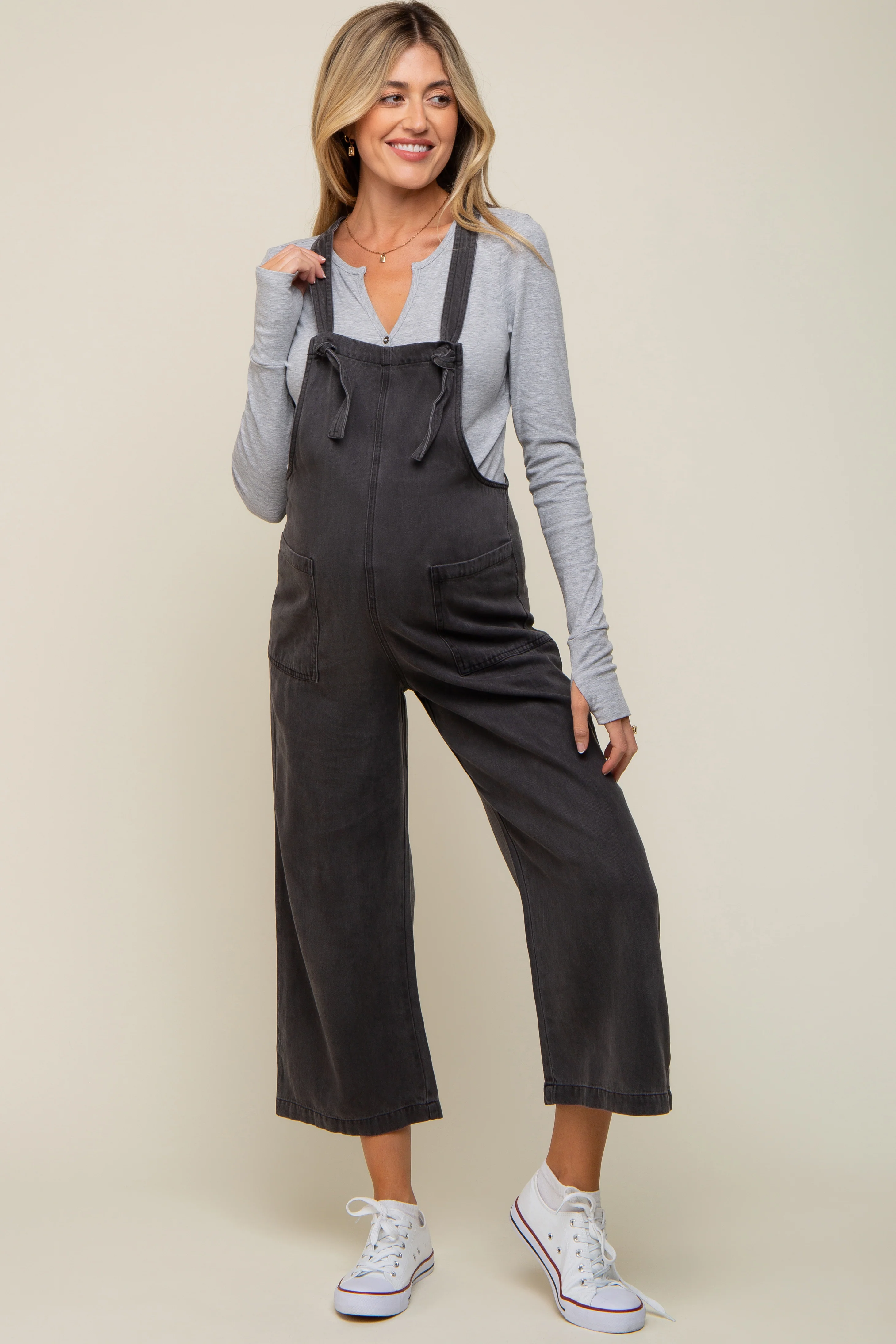 Black Front Pocket Cropped Maternity Overall - Image 4