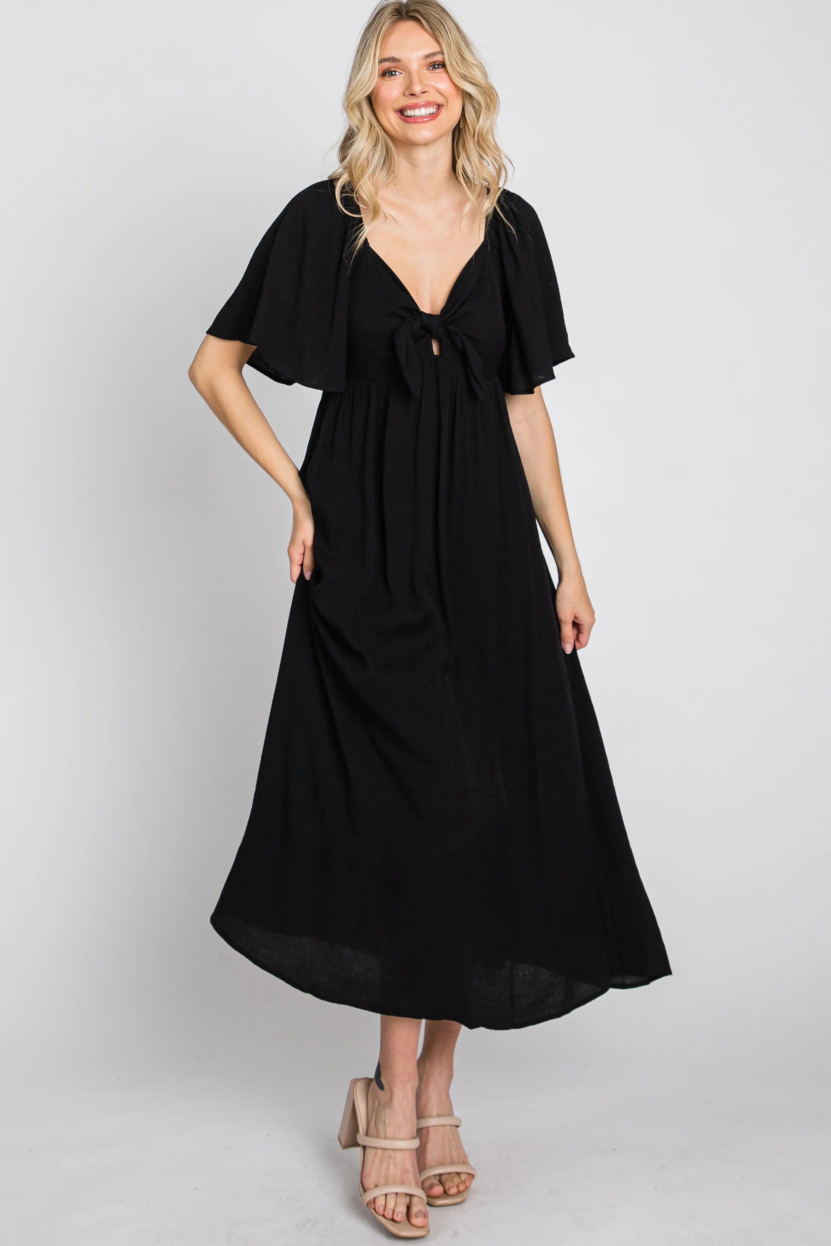 Black Front Tie Ruffle Sleeve Midi Dress - Image 3