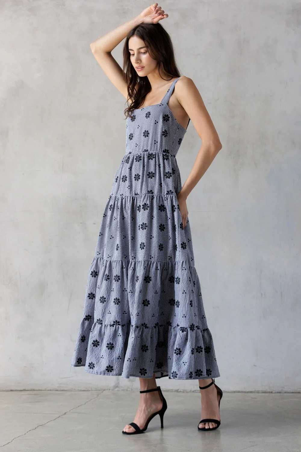 Black Gingham Floral Embroidered Maxi Dress - Image 4