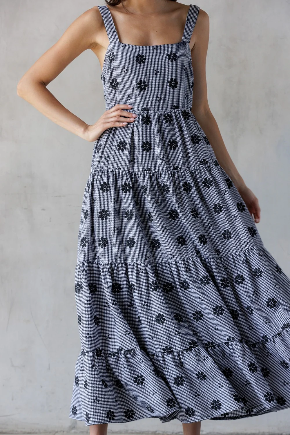 Black Gingham Floral Embroidered Maxi Dress - Image 6