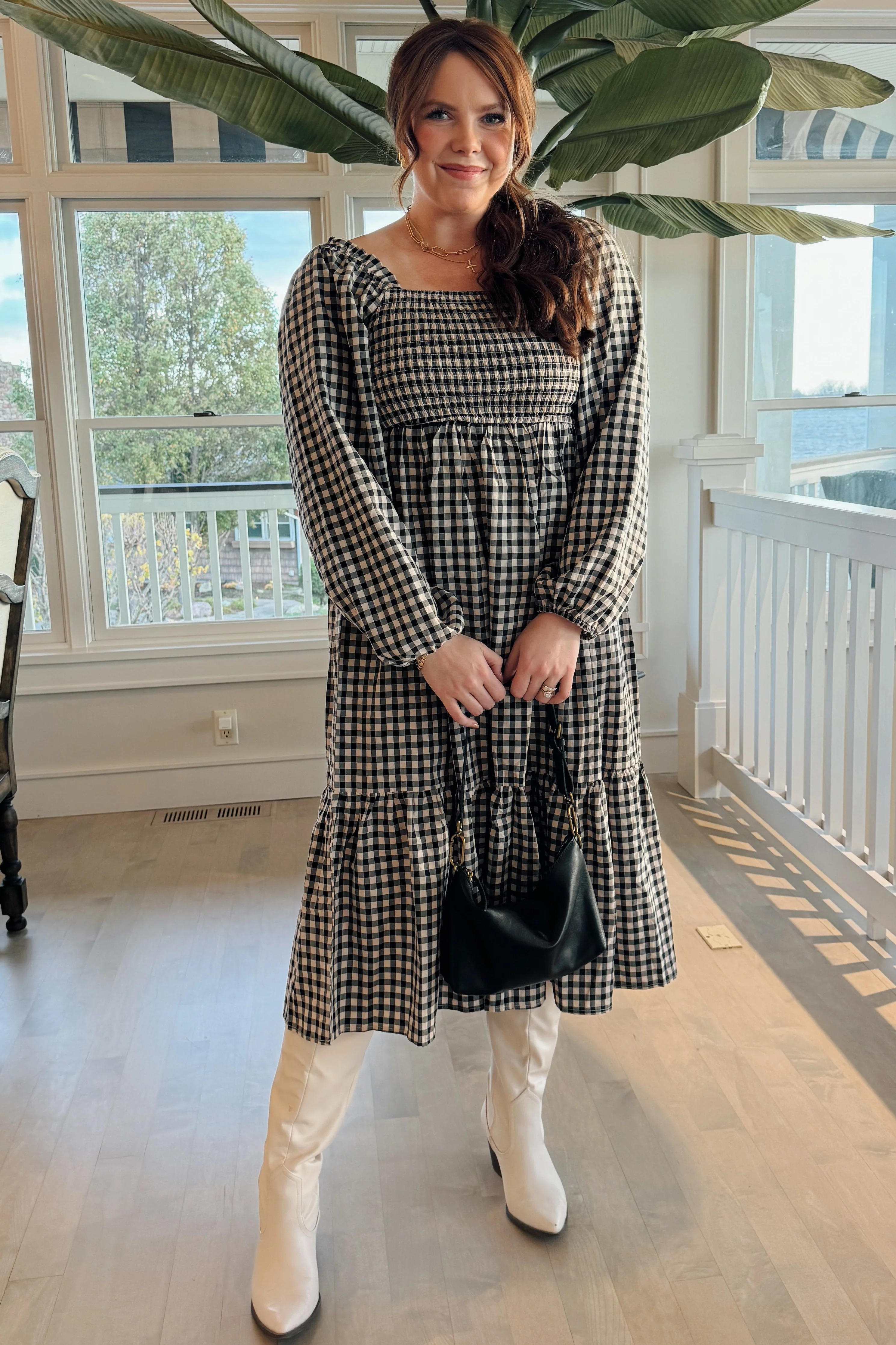 Black Gingham Long Sleeve Midi Dress - Image 5