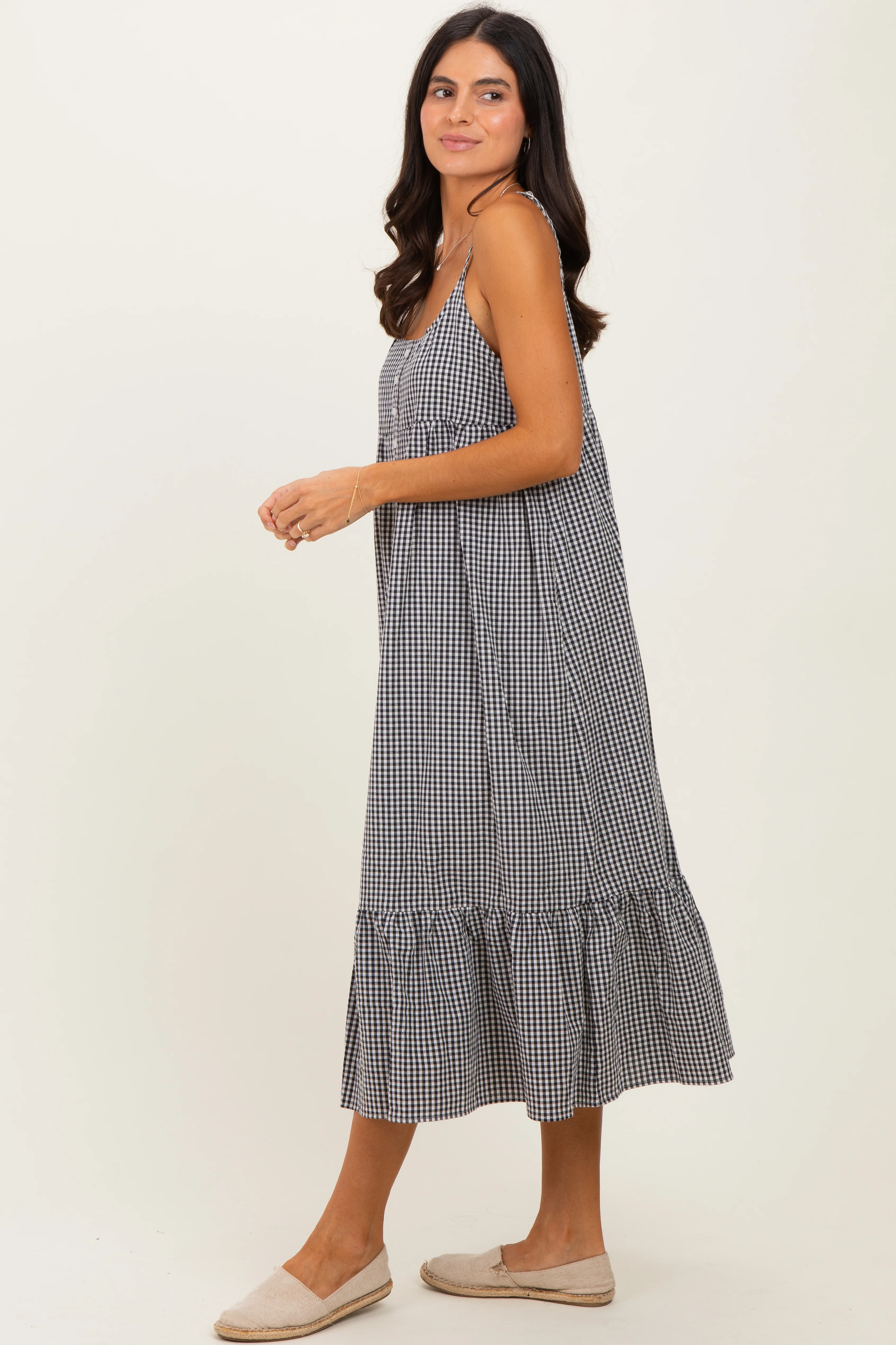 Black Gingham Sleeveless Midi Dress - Image 3
