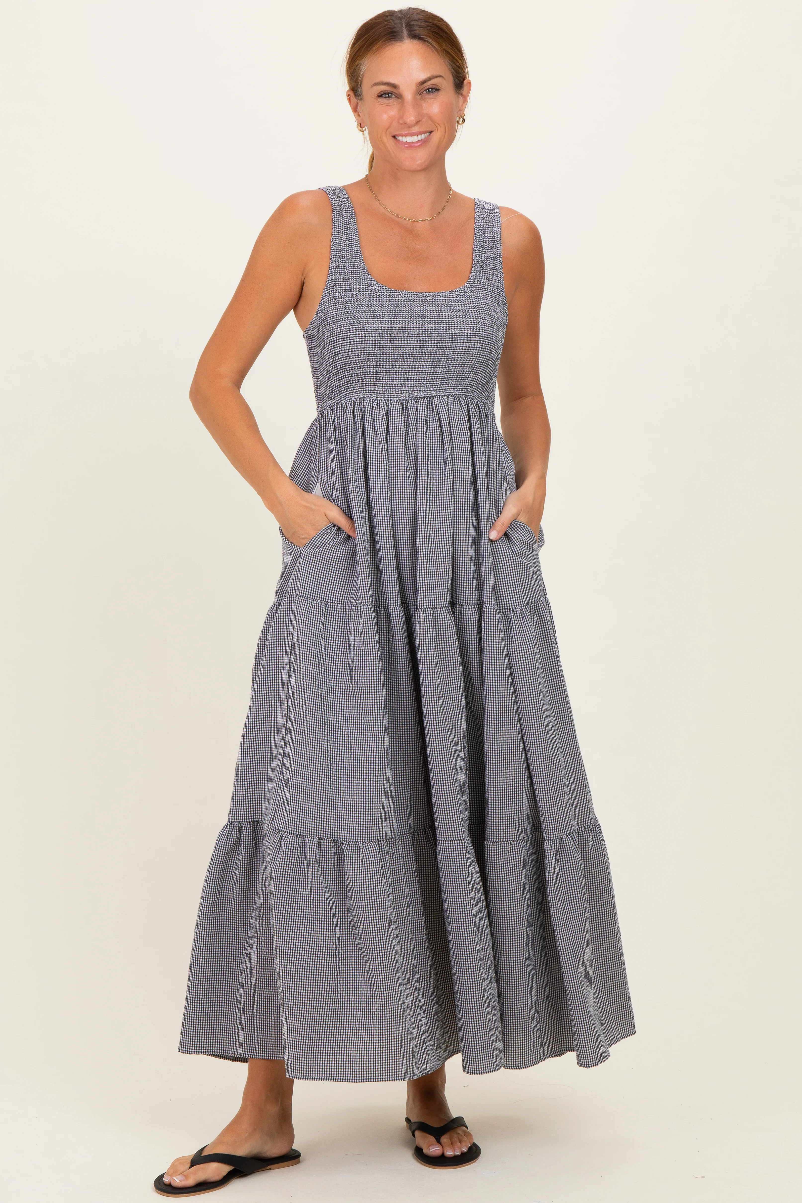 Black Gingham Smocked Bodice Maternity Maxi Dress - Image 4