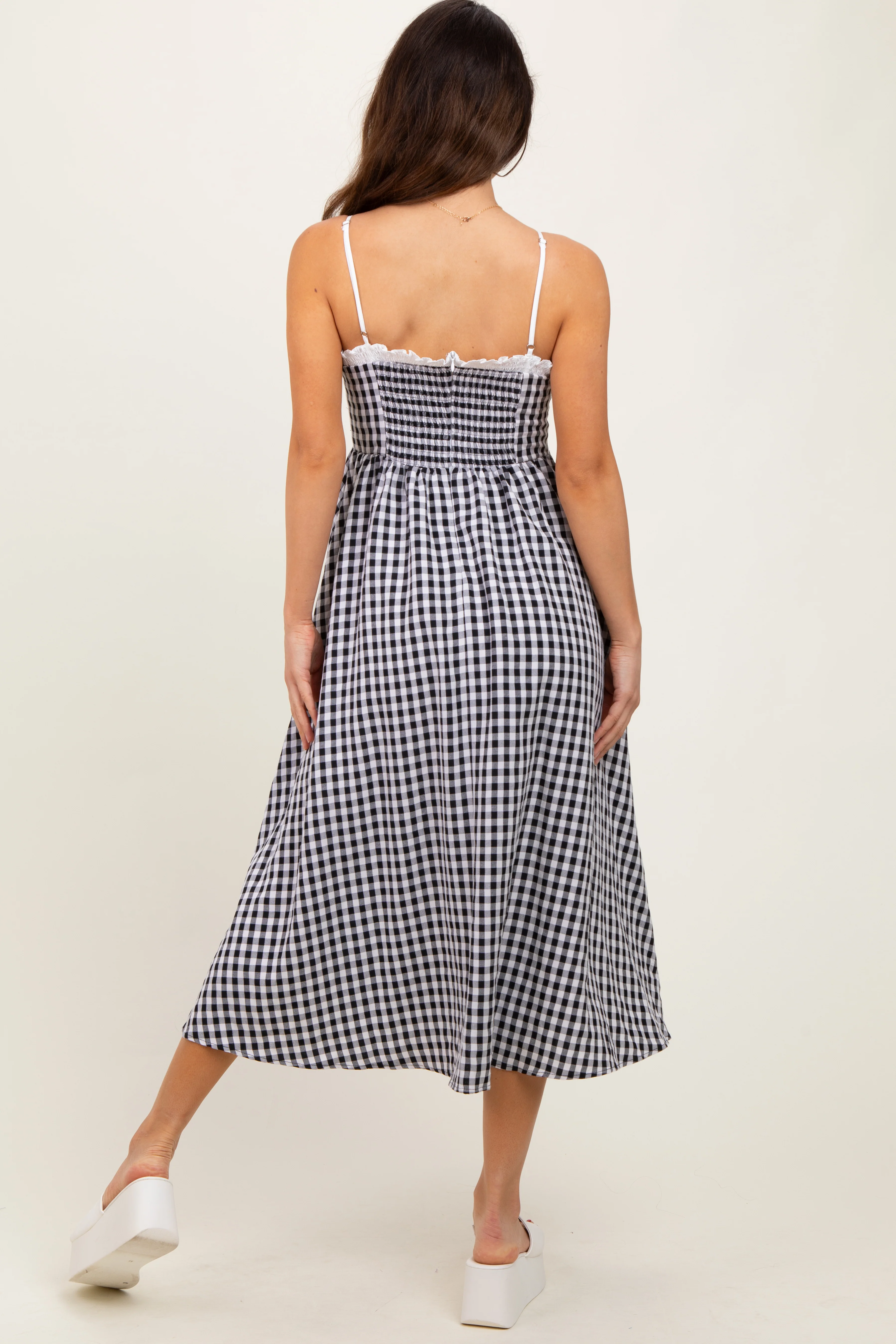 Black Gingham Smocked Trim Midi Dress - Image 4
