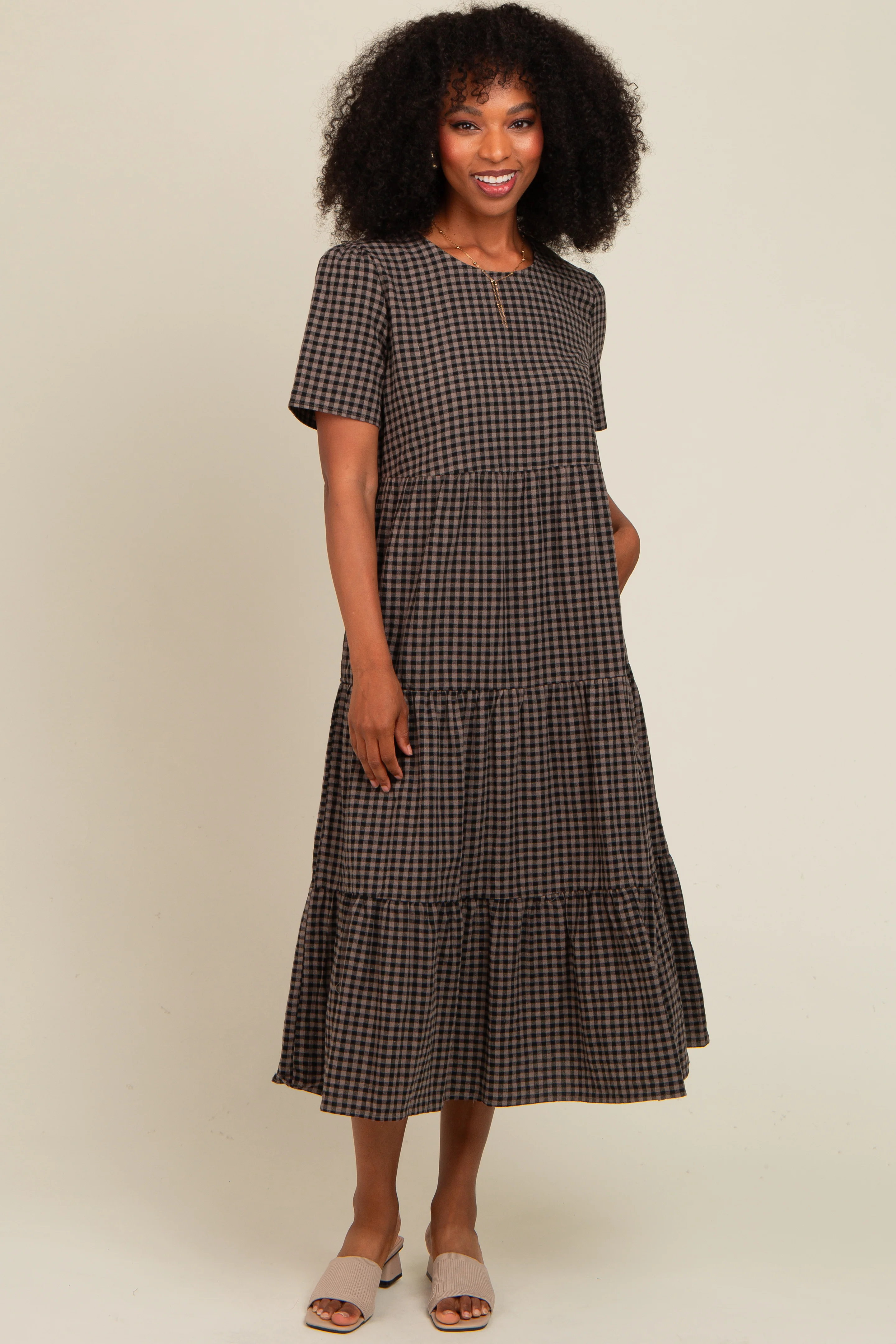 Black Gingham Tiered Maternity Midi Dress - Image 5