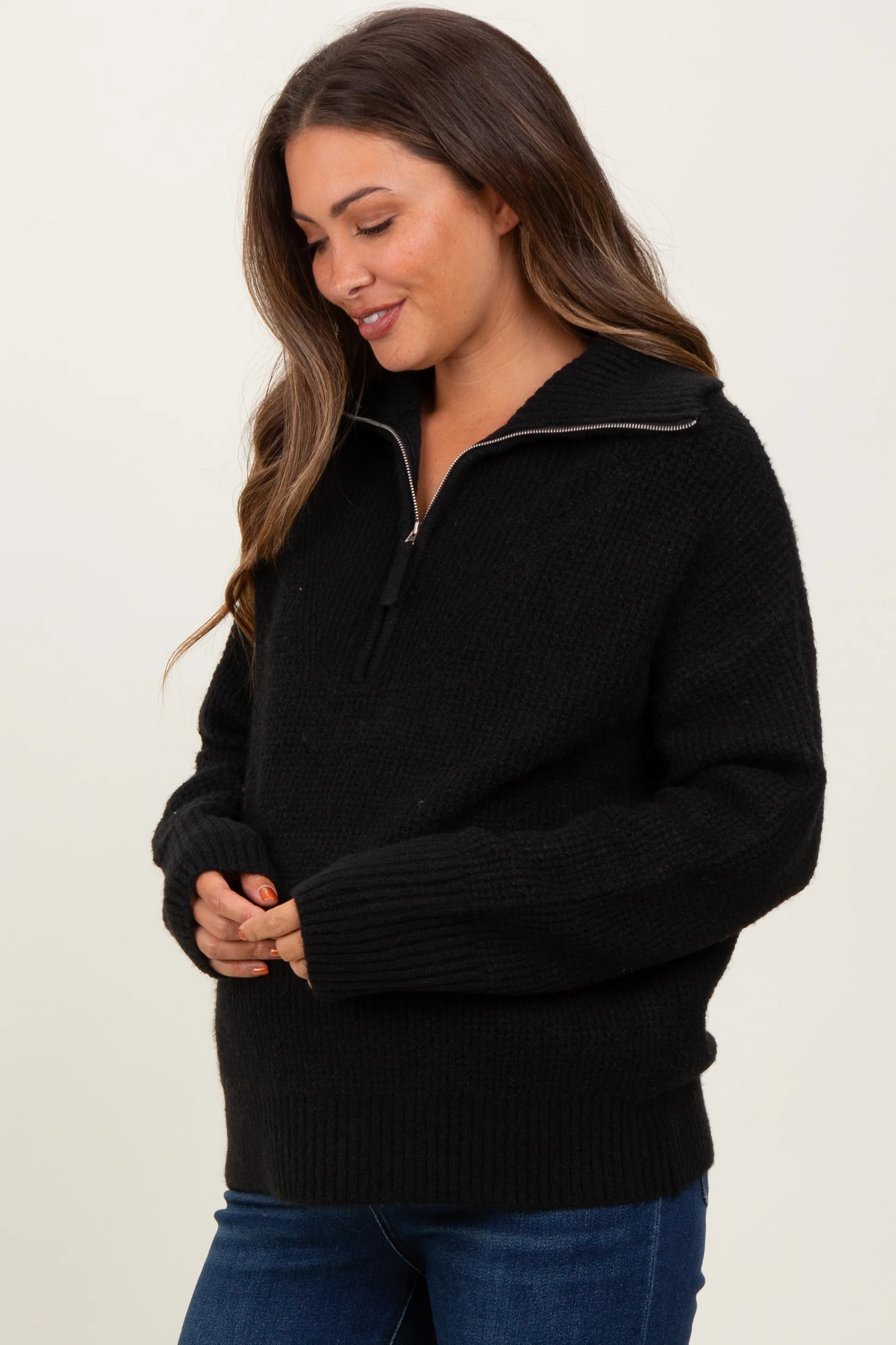 Black Half Zip Maternity Pullover Sweater - Image 3