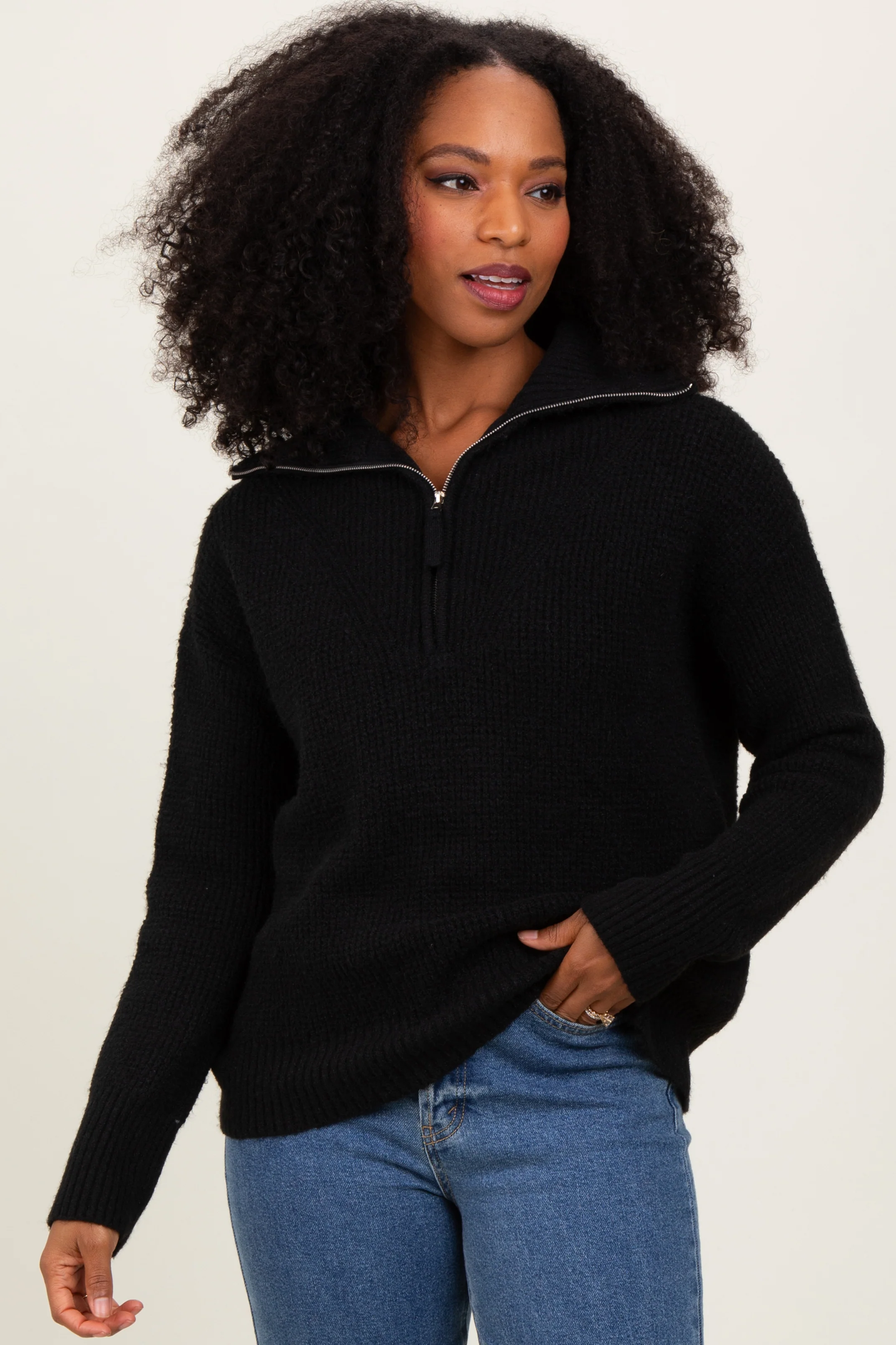 Black Half Zip Maternity Pullover Sweater - Image 5