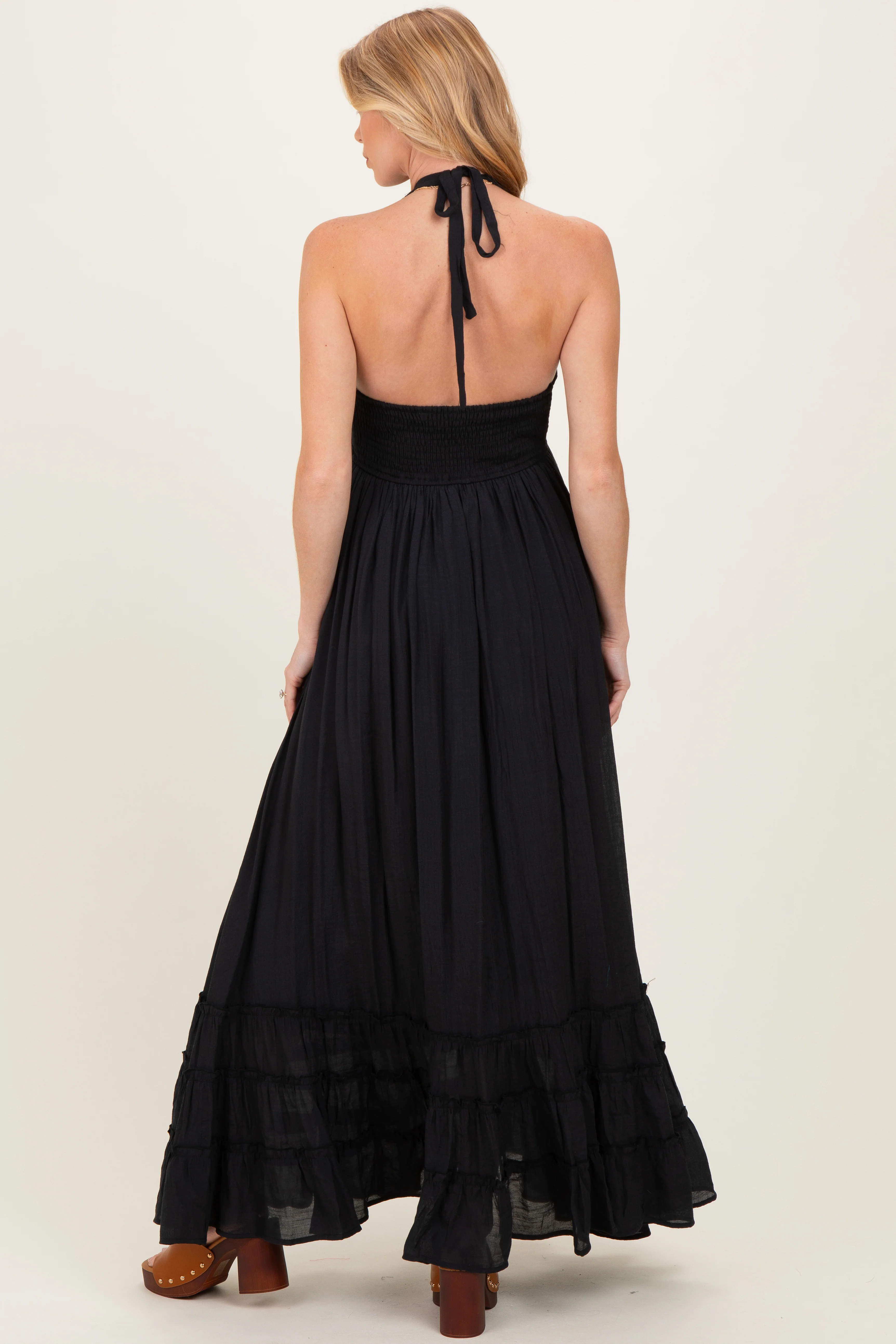 Black Halter Neck Smocked Maternity Maxi Dress - Image 4