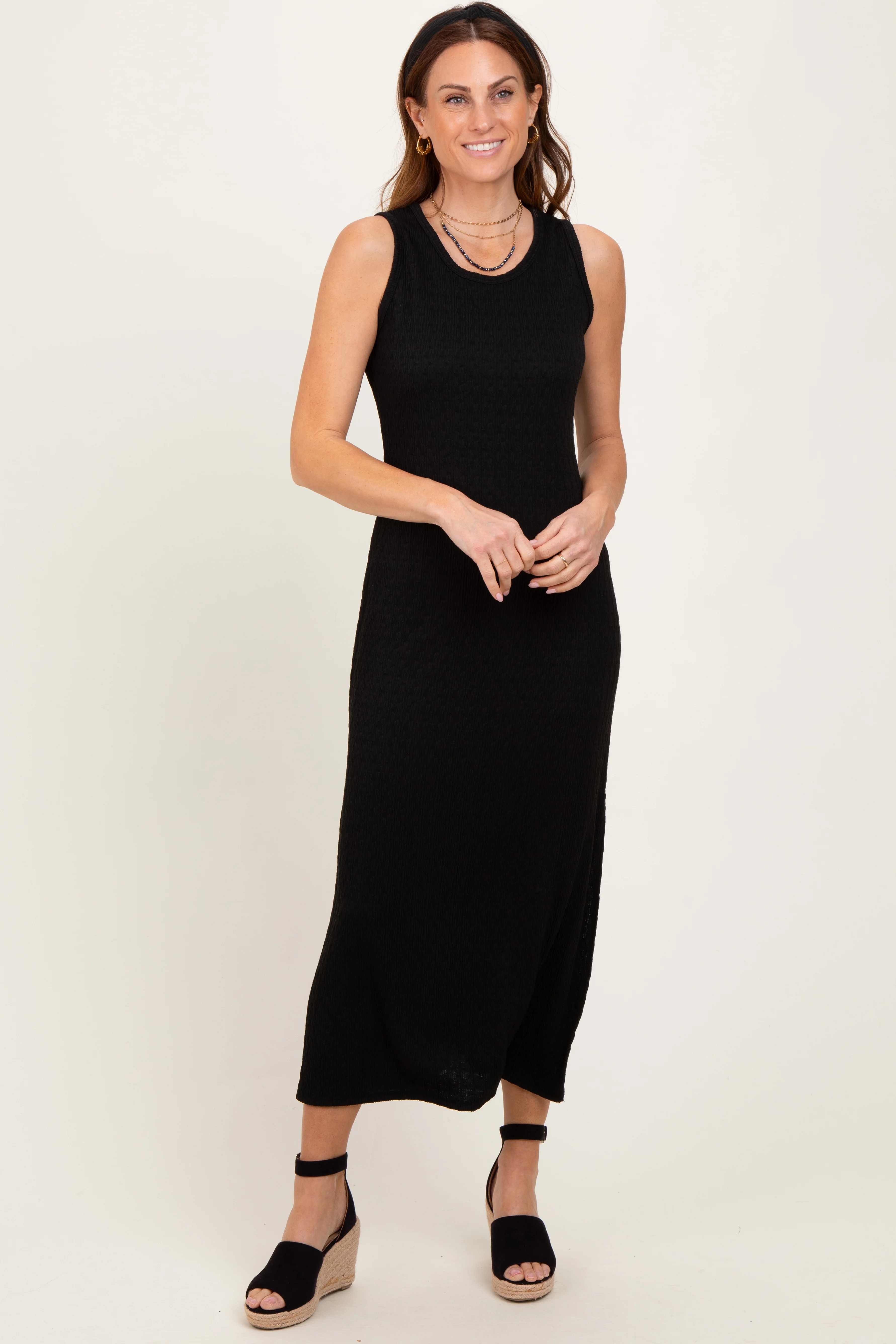 Black Jacquard Sleeveless Side Slit Midi Dress - Image 2