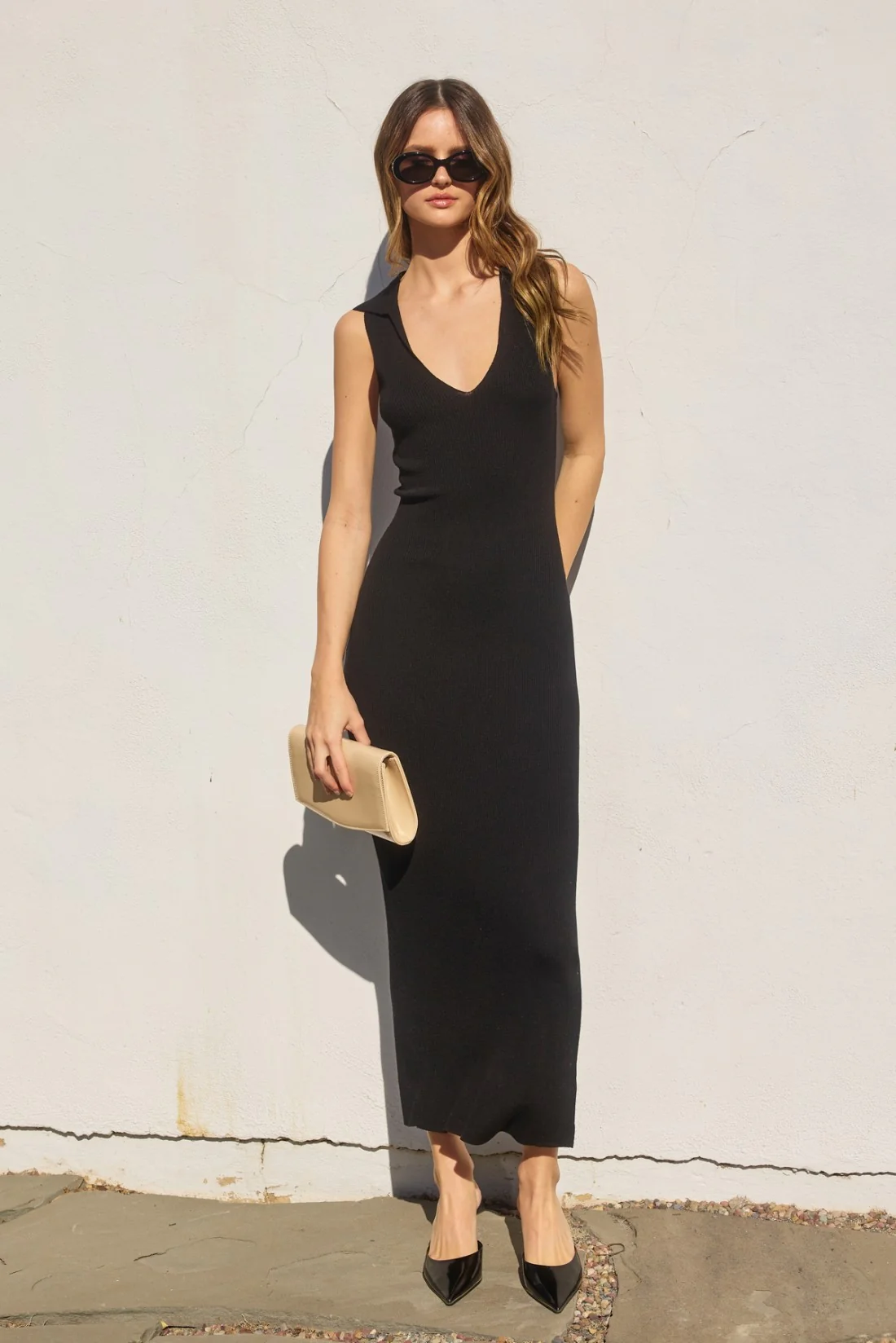 Black Knit Collared Deep V-Neck Maternity Maxi Dress - Image 3