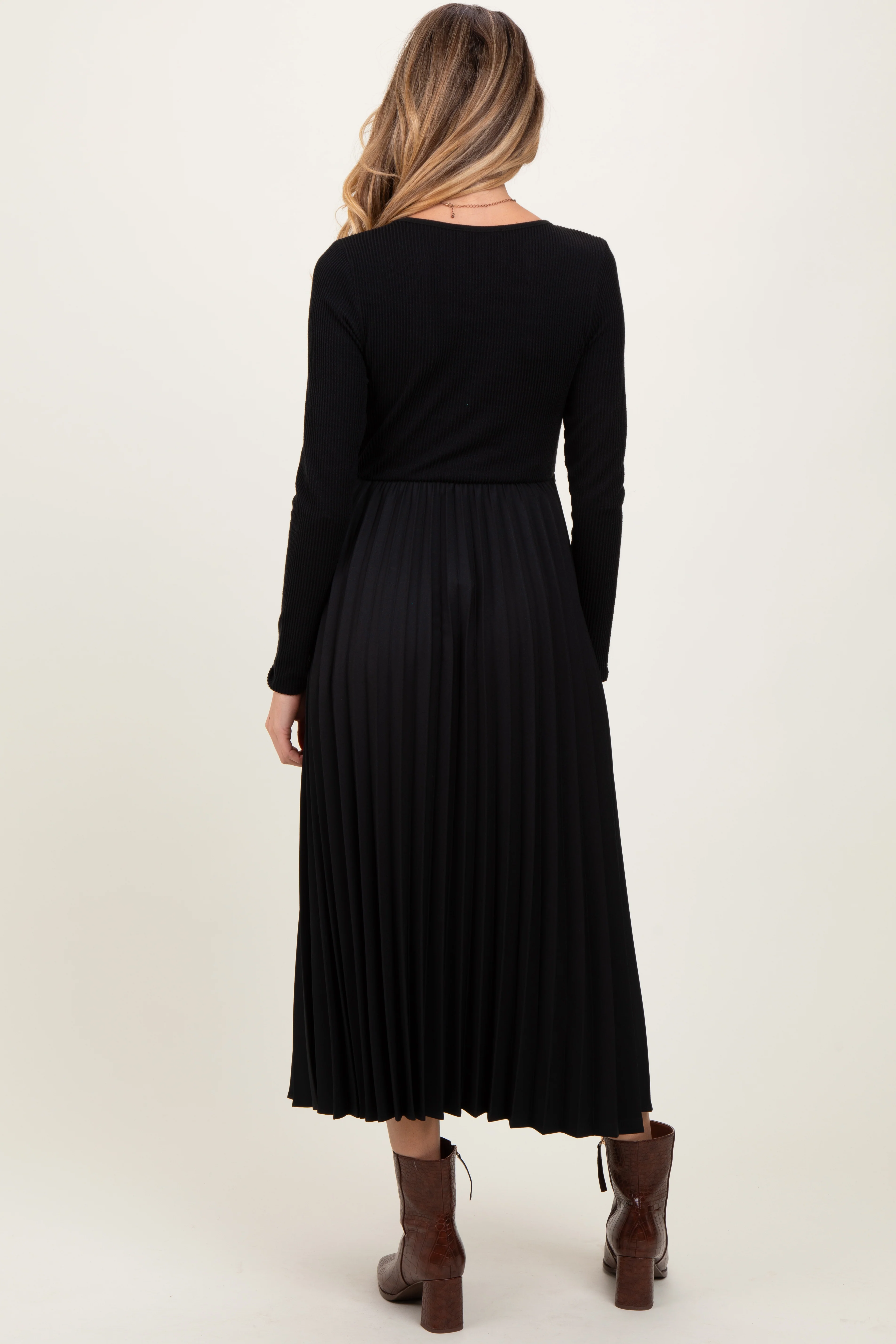 Black Knit Contrast Pleated Skirt Maternity Midi Dress - Image 4
