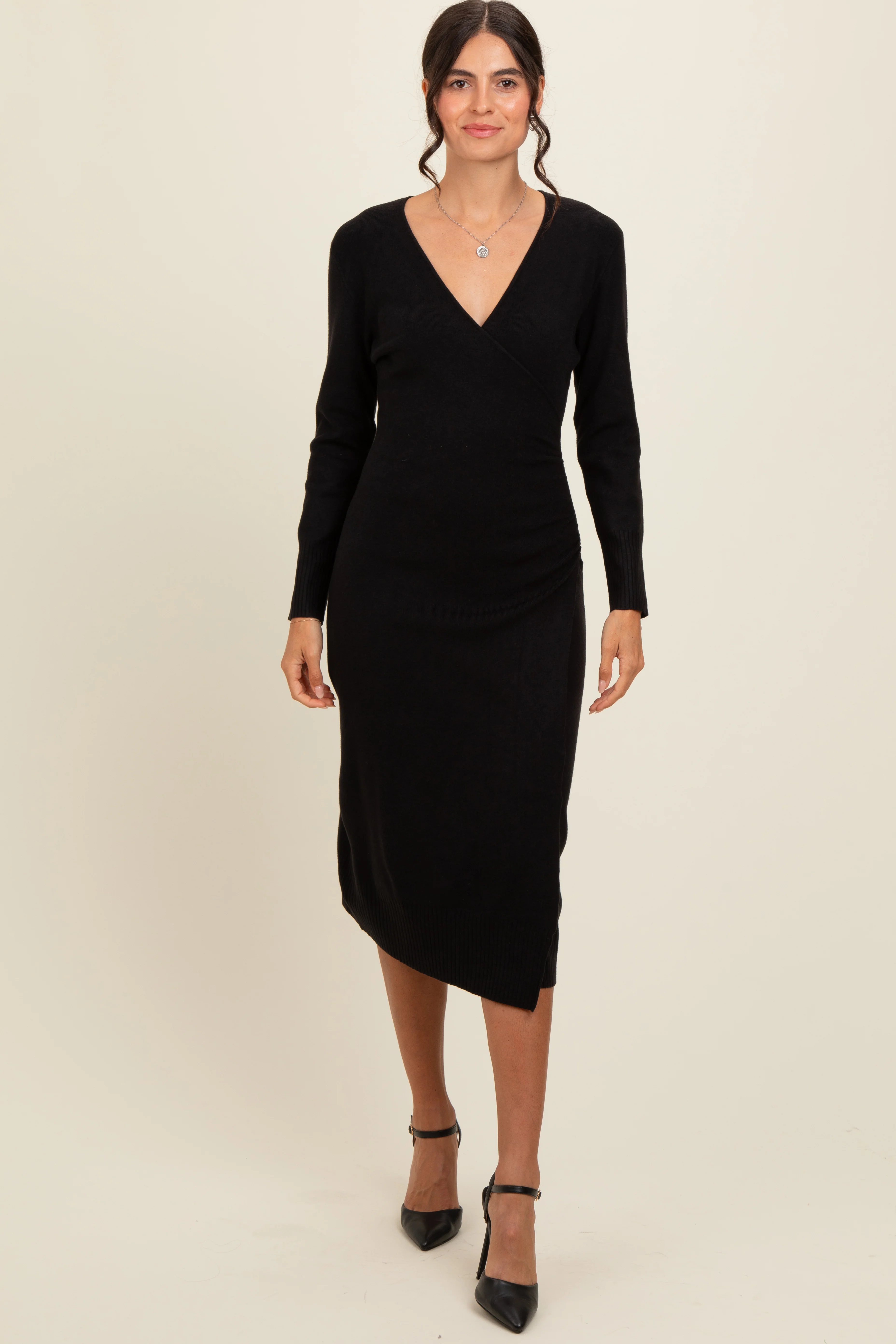 Black Knit Crossover Ruched Maternity Midi Dress - Image 5