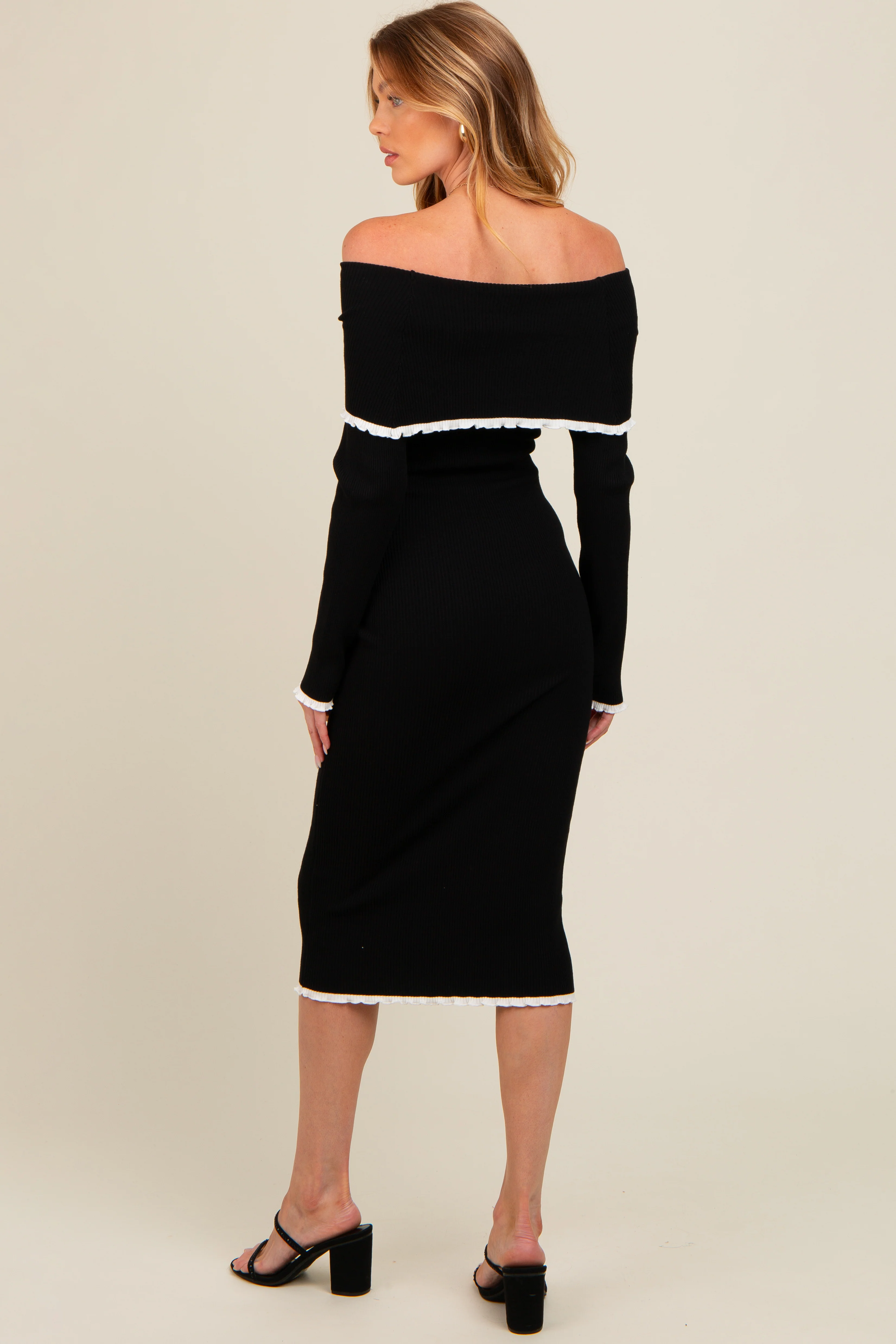 Black Knit Off Shoulder Contrast Ruffle Trim Maternity Dress - Image 4