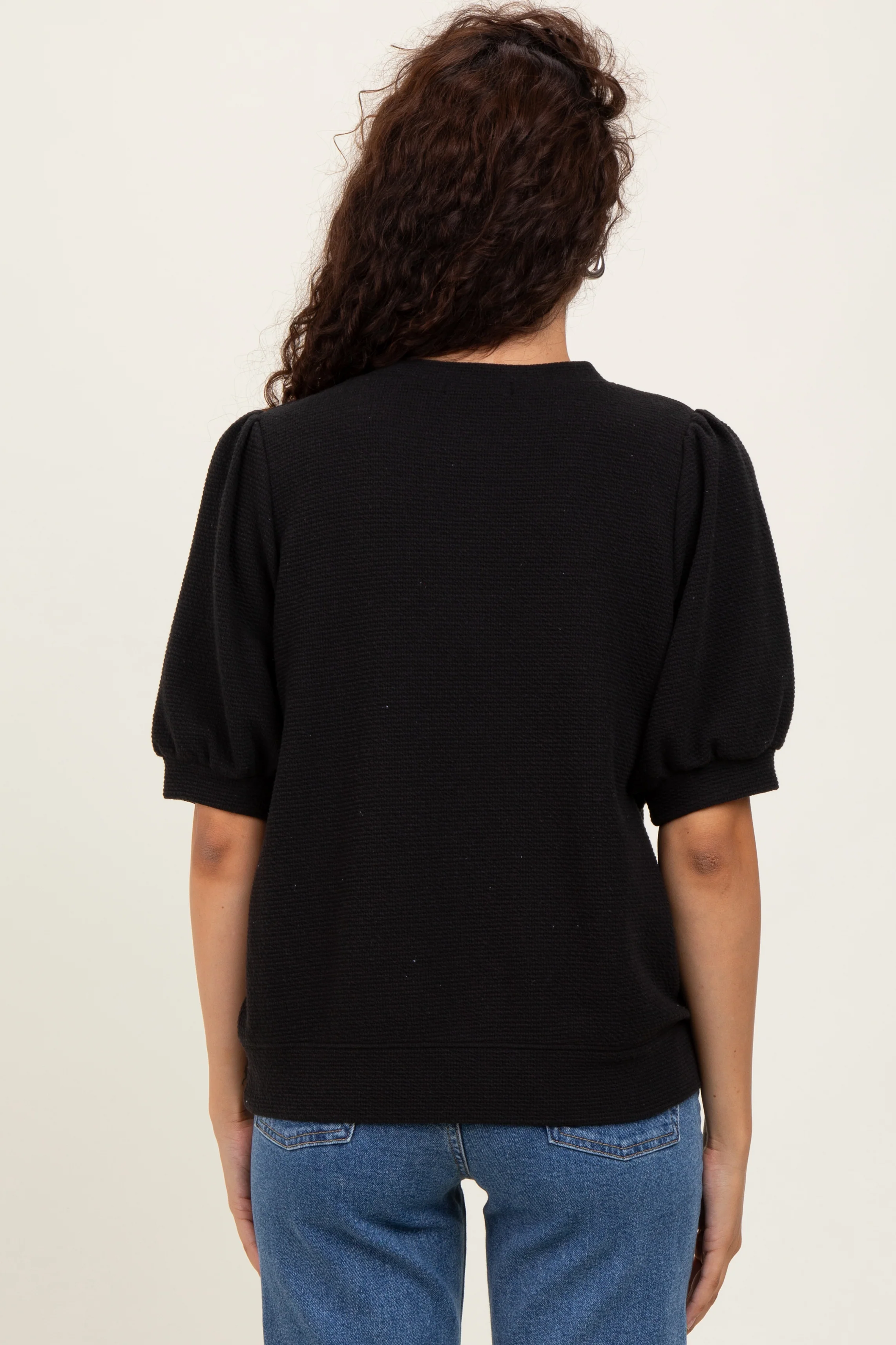 Black Knit Puff Sleeve Top - Image 4