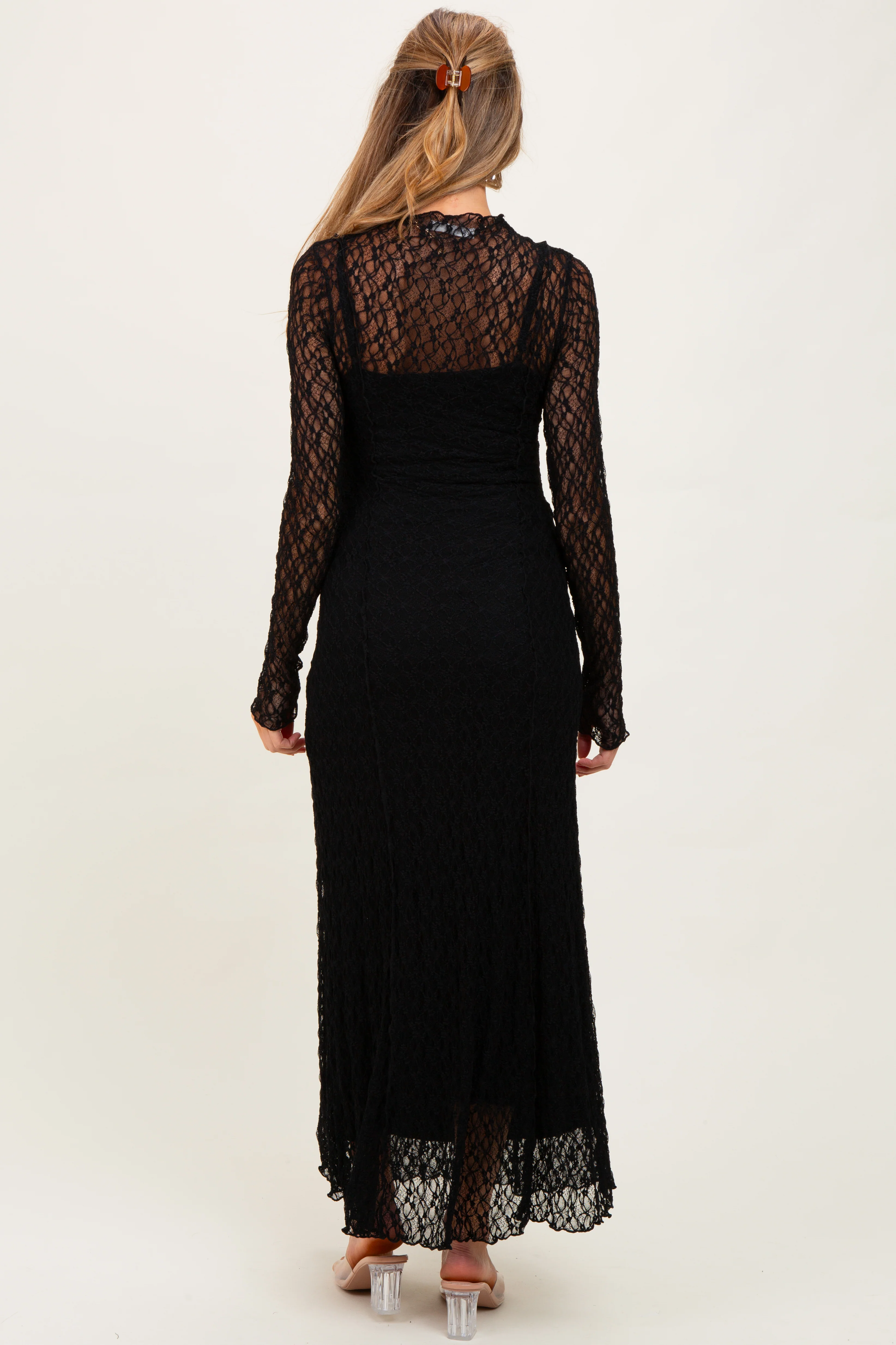 Black Lace Mock Neck Long Sleeve Maternity Maxi Dress - Image 4