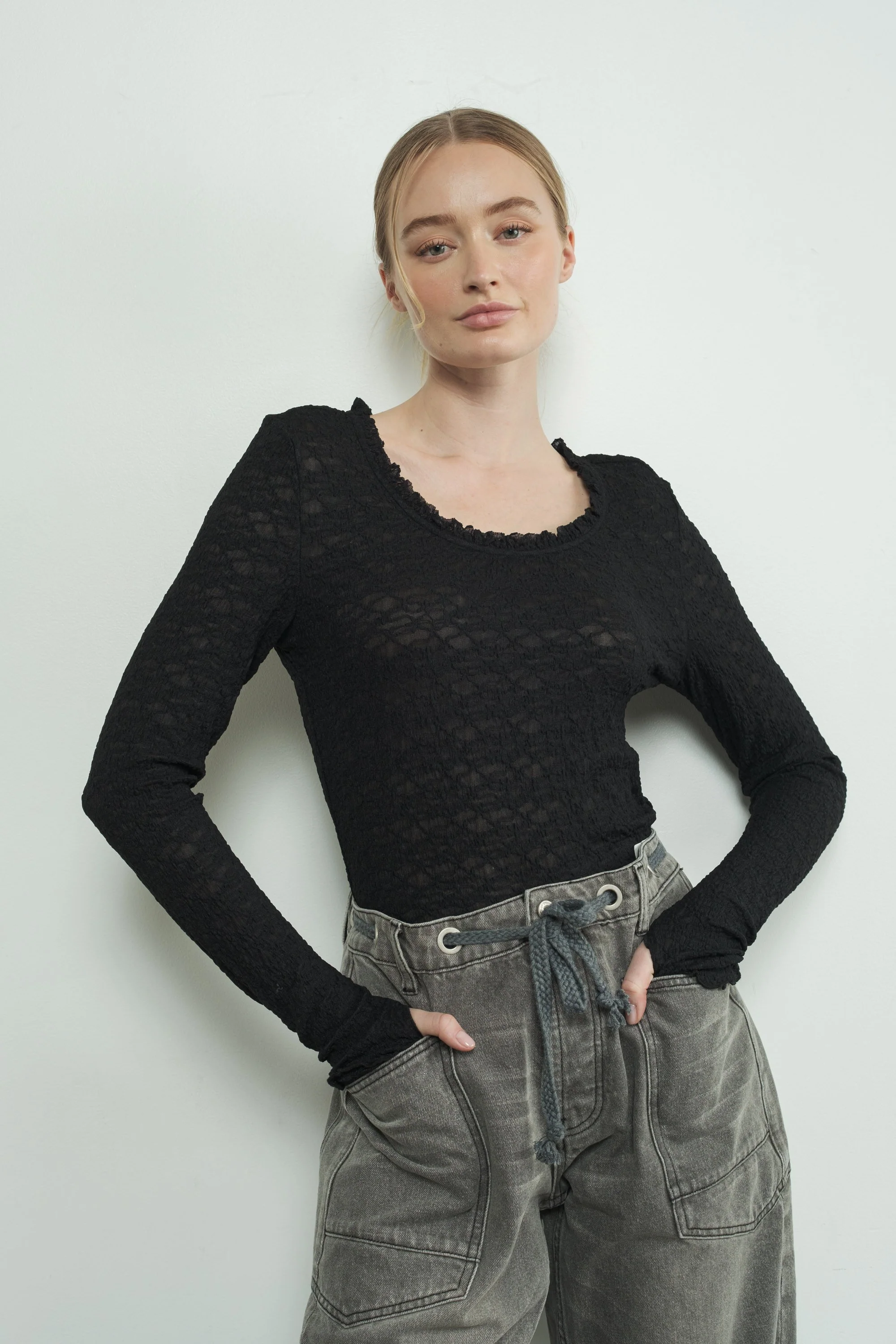 Black Lace Ruffle Neckline Maternity Long Sleeve Top - Image 5