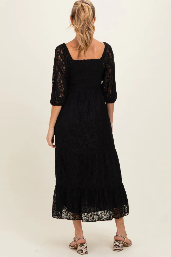 Black Lace Smocked Maternity Midi Dress - Image 3