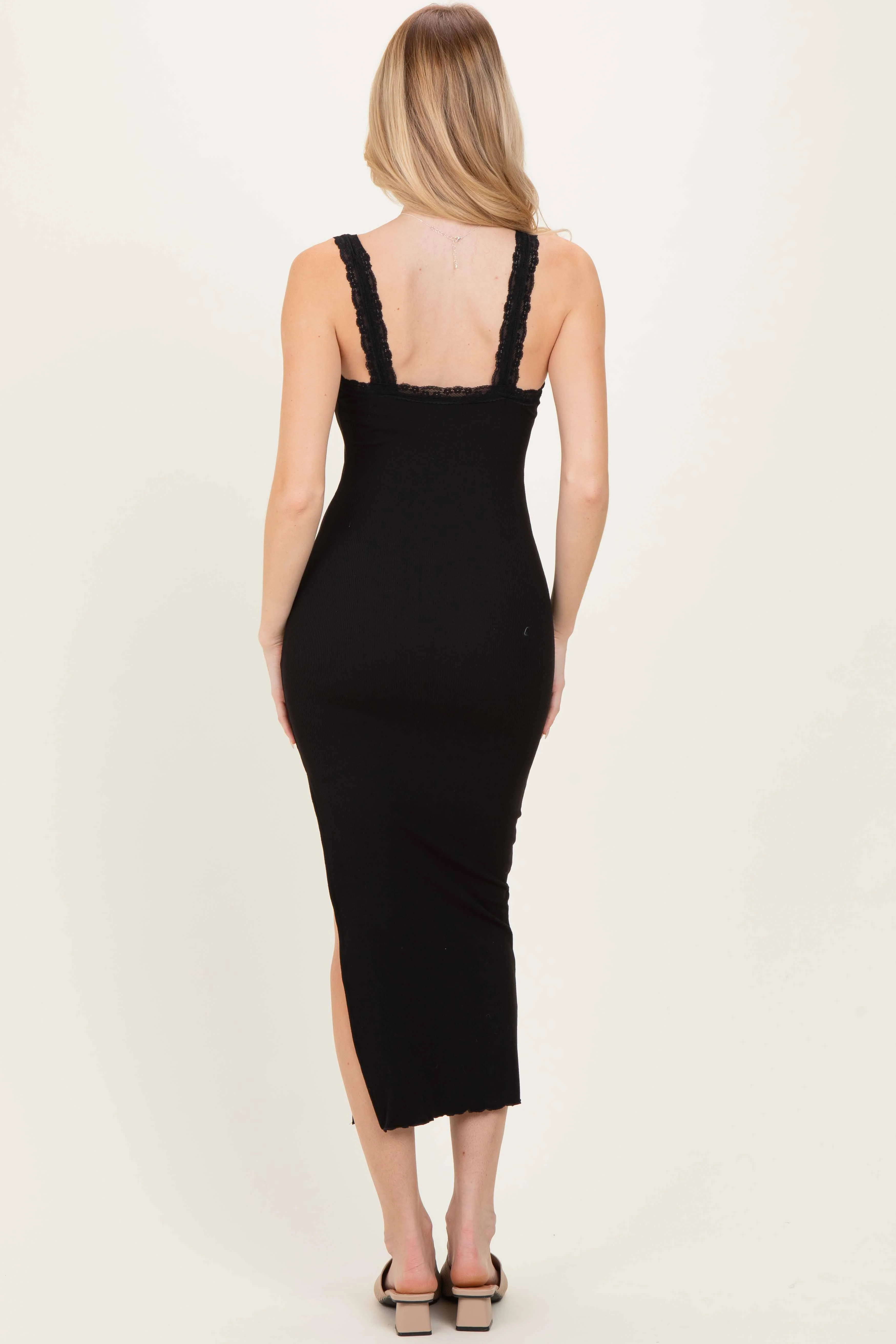 Black Lace Trim Side Slit Tank Dress - Image 4